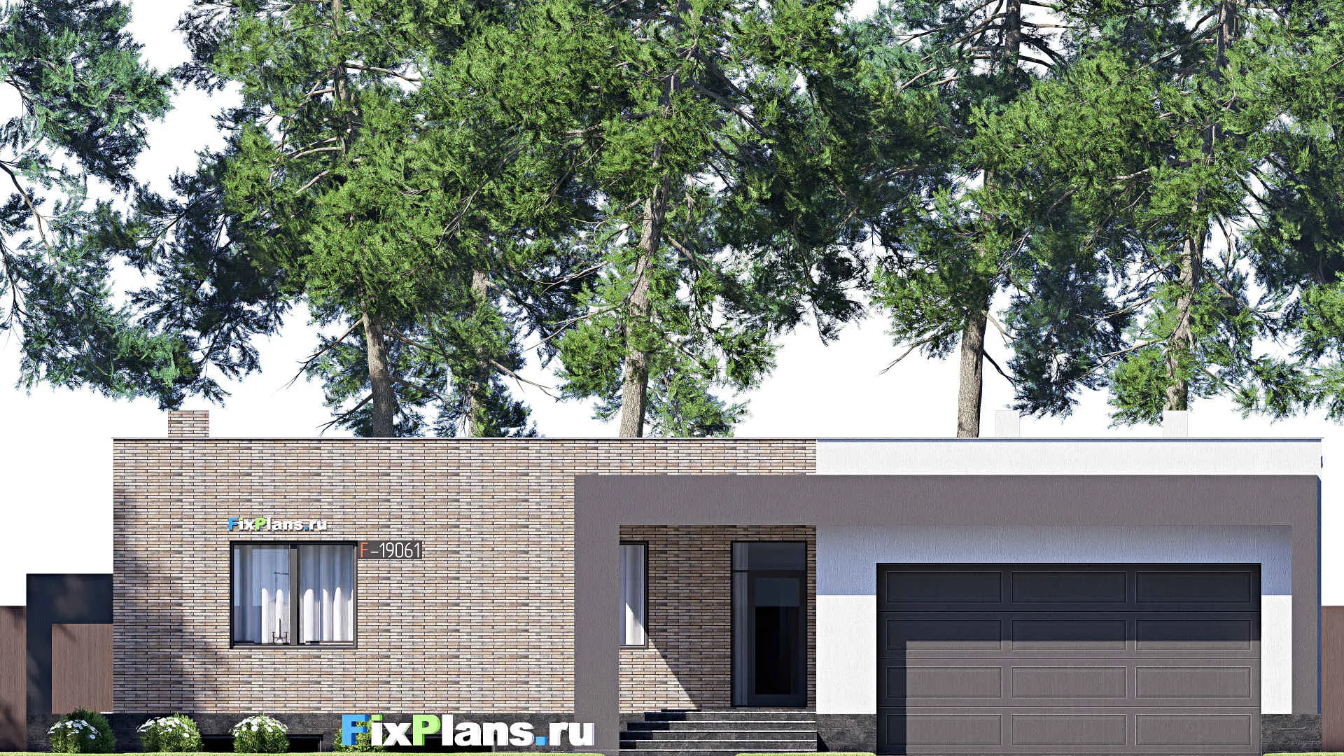 F-19061 - План одноэтажного дома 20 на 21, площадью 370 м² с террасой, цокольным этажом, гаражом на 2 машины и 3 спальнями