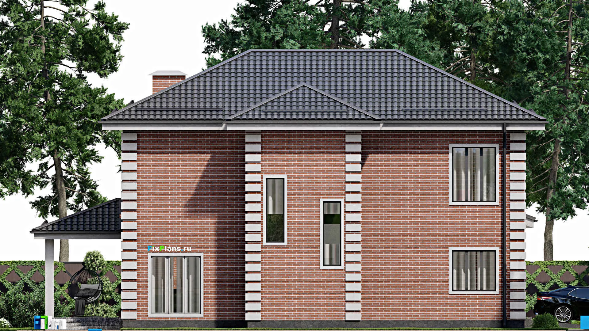 F-3608 - Проект двухэтажного дома 15 на 16, площадью 270 м² с террасой, балконом, гаражом на 2 машины и 4 спальнями