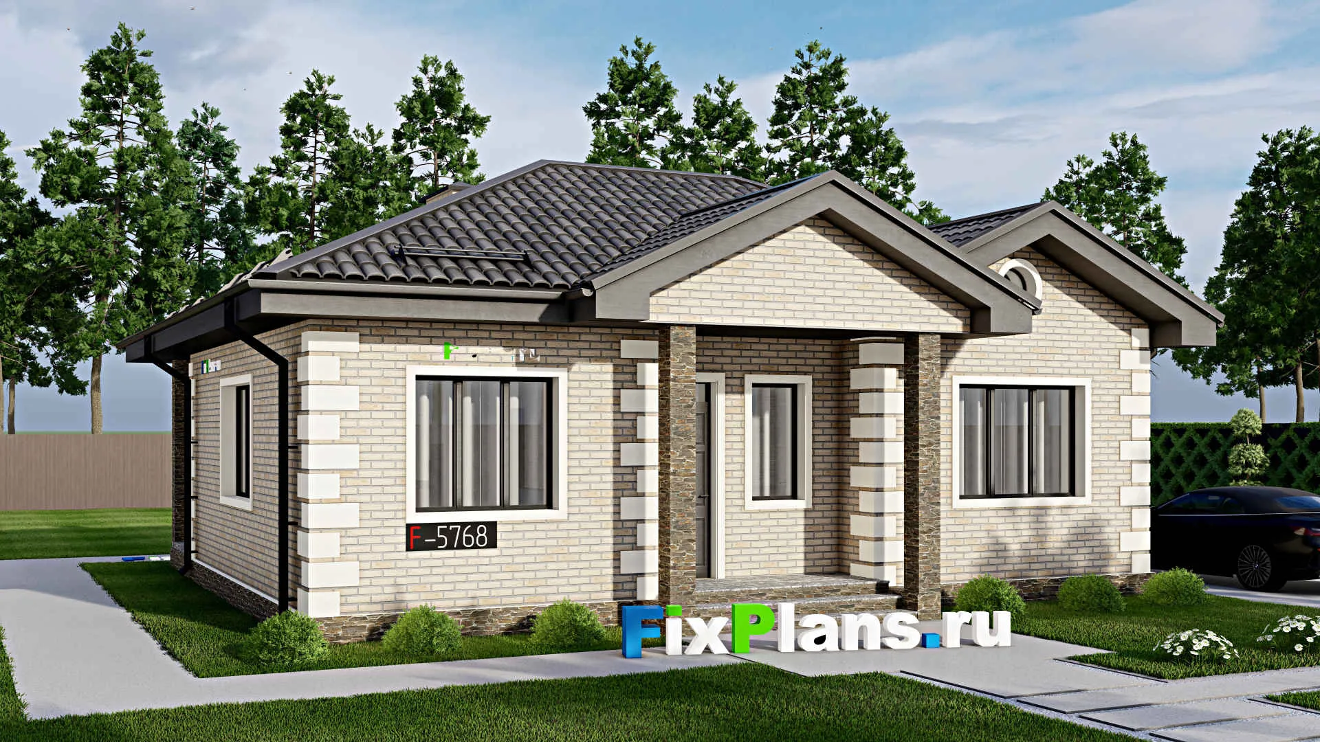 F-5768 - Проект одноэтажного дома 9 на 12, площадью 80 м² с террасой и 2 спальнями