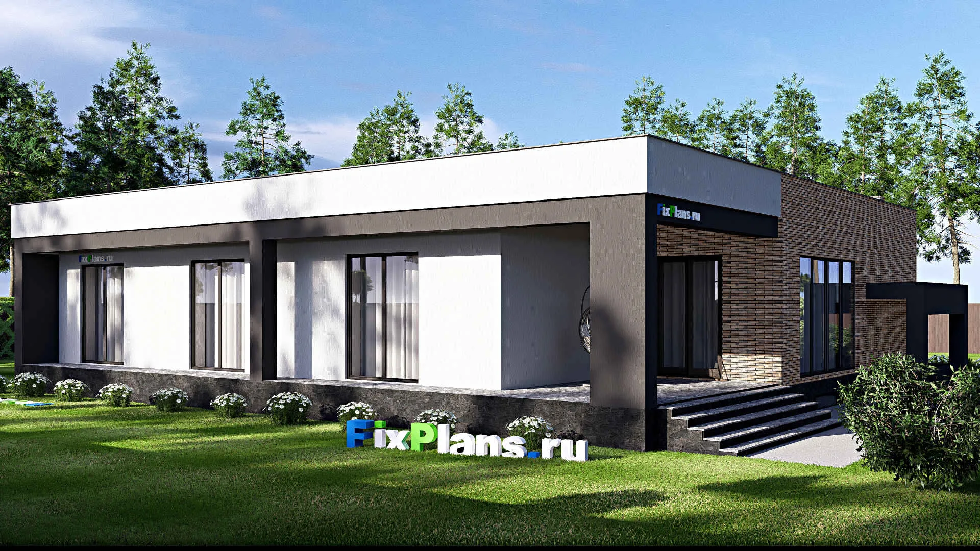 F-19061 - План одноэтажного дома 20 на 21, площадью 370 м² с террасой, цокольным этажом, гаражом на 2 машины и 3 спальнями