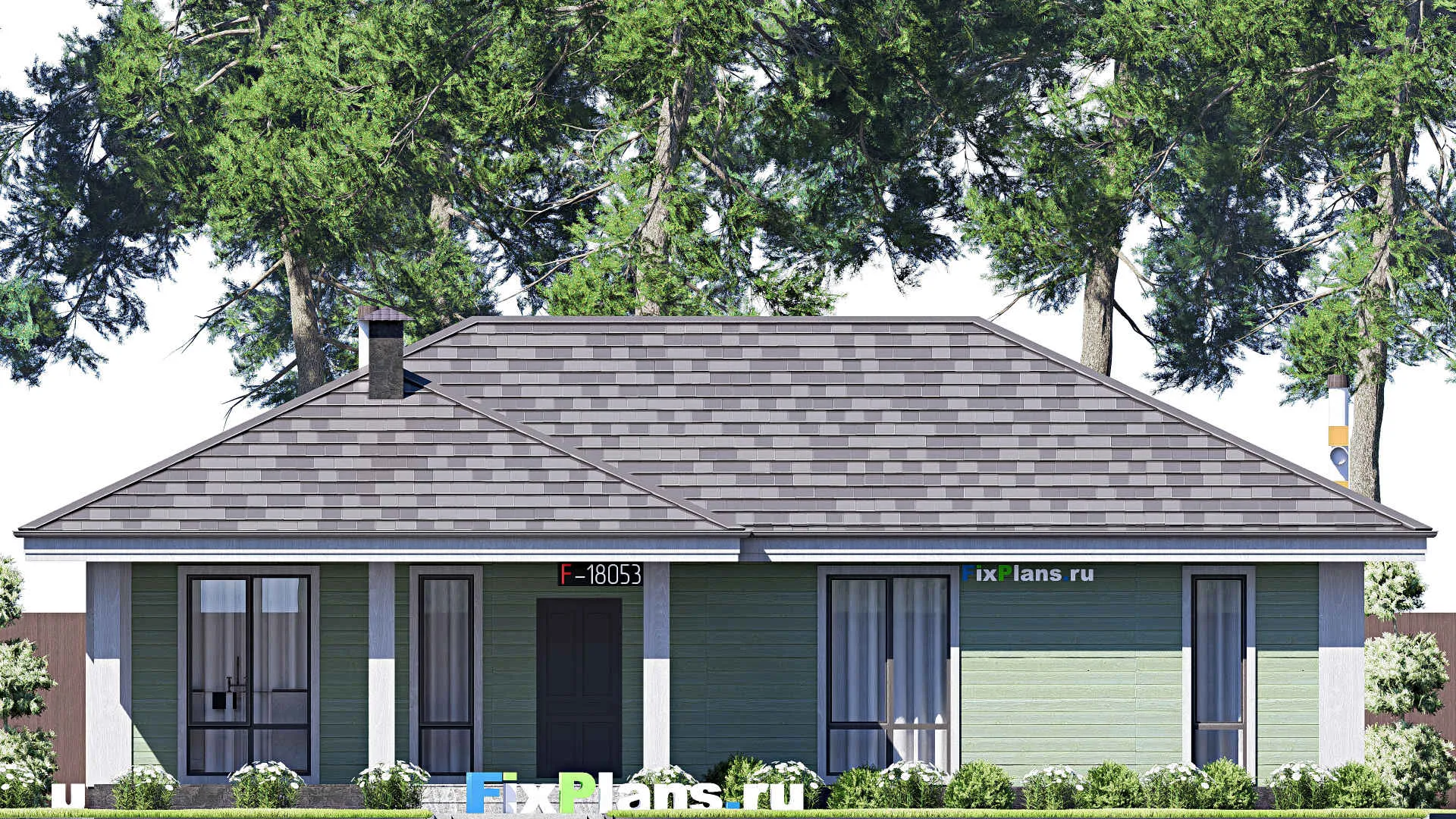 F-18053 - План одноэтажного дома 11 на 15, площадью 120 м² с террасой и 3 спальнями