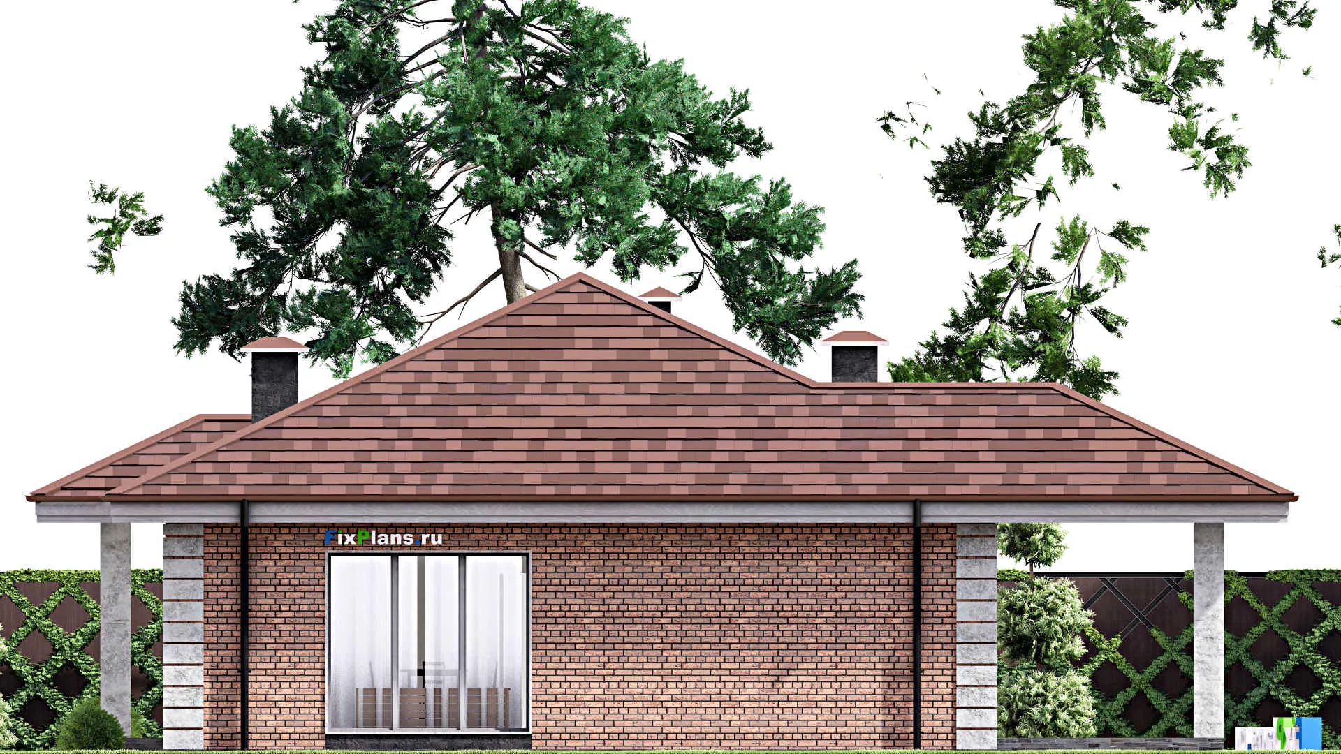 F-14174 - План одноэтажного дома 15 на 16, площадью 150 м² с террасой и 3 спальнями