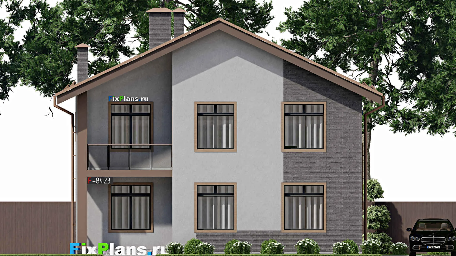 F-8423 - Проект двухэтажного дома 12 на 12, площадью 200 м² с террасой, балконом и 3 спальнями