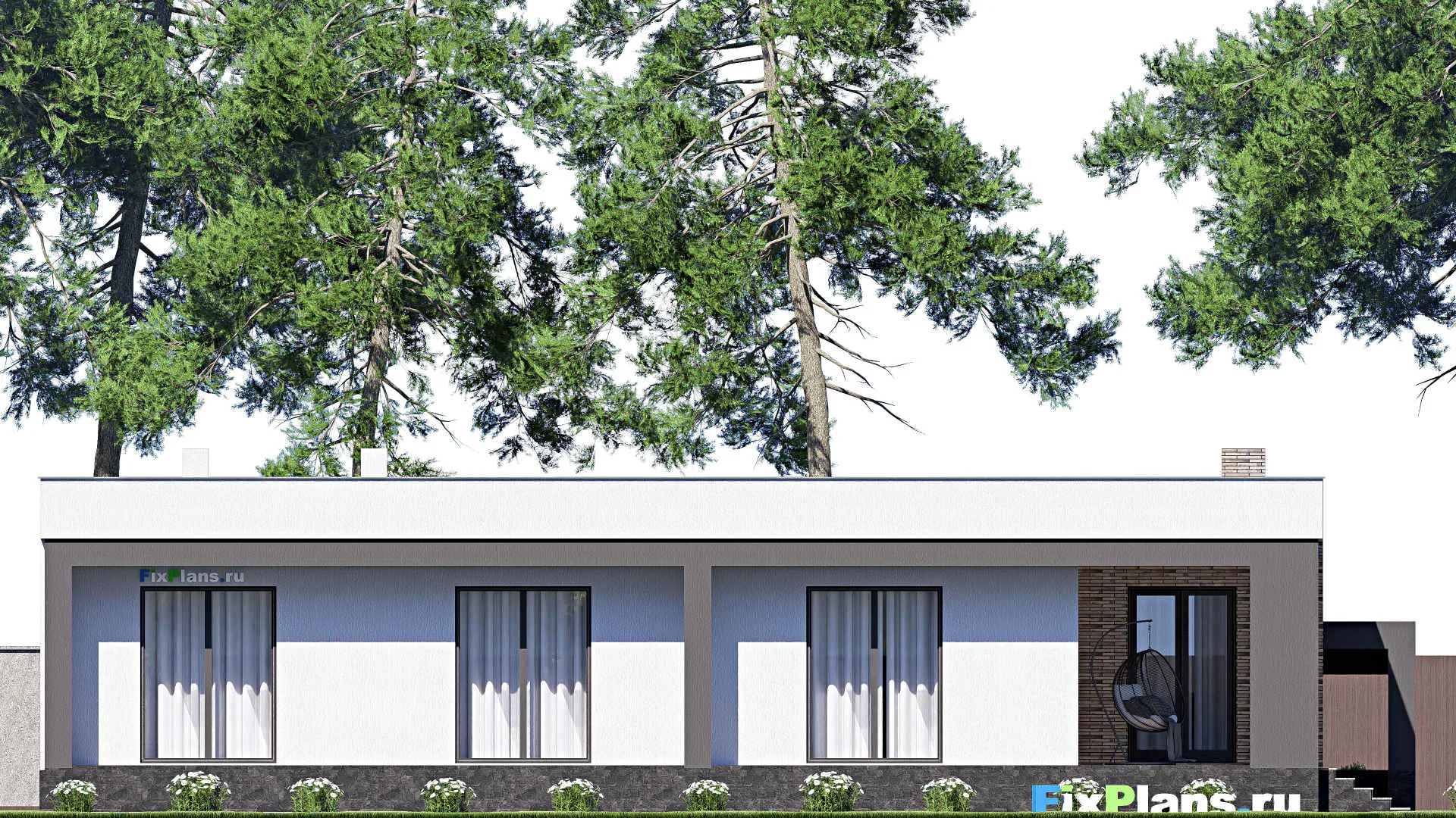 F-19061 - План одноэтажного дома 20 на 21, площадью 370 м² с террасой, цокольным этажом, гаражом на 2 машины и 3 спальнями