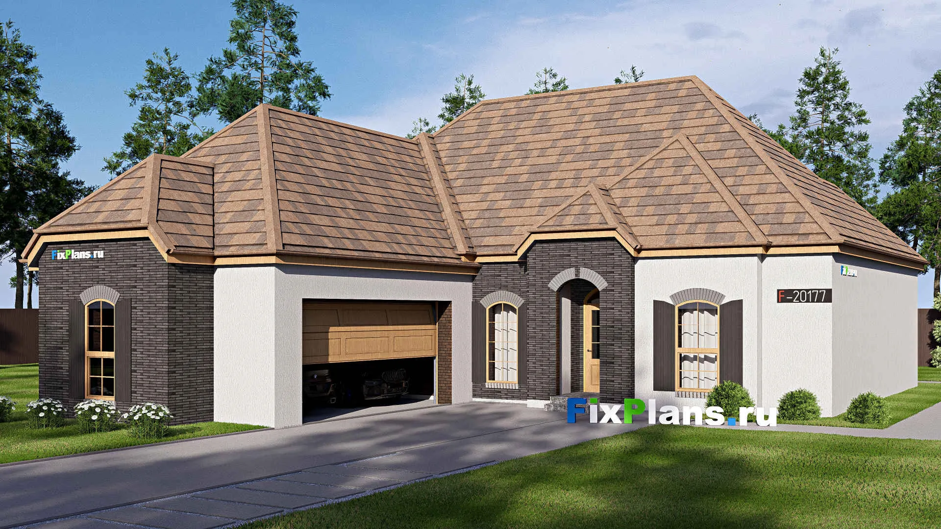 F-20177 - Проект одноэтажного дома 16 на 23, площадью 190 м² с гаражом на 2 машины и 3 спальнями