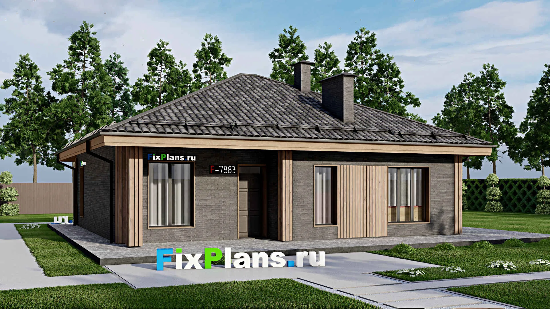 F-7883 - Проект одноэтажного дома 12 на 12, площадью 220 м² с террасой и 3 спальнями