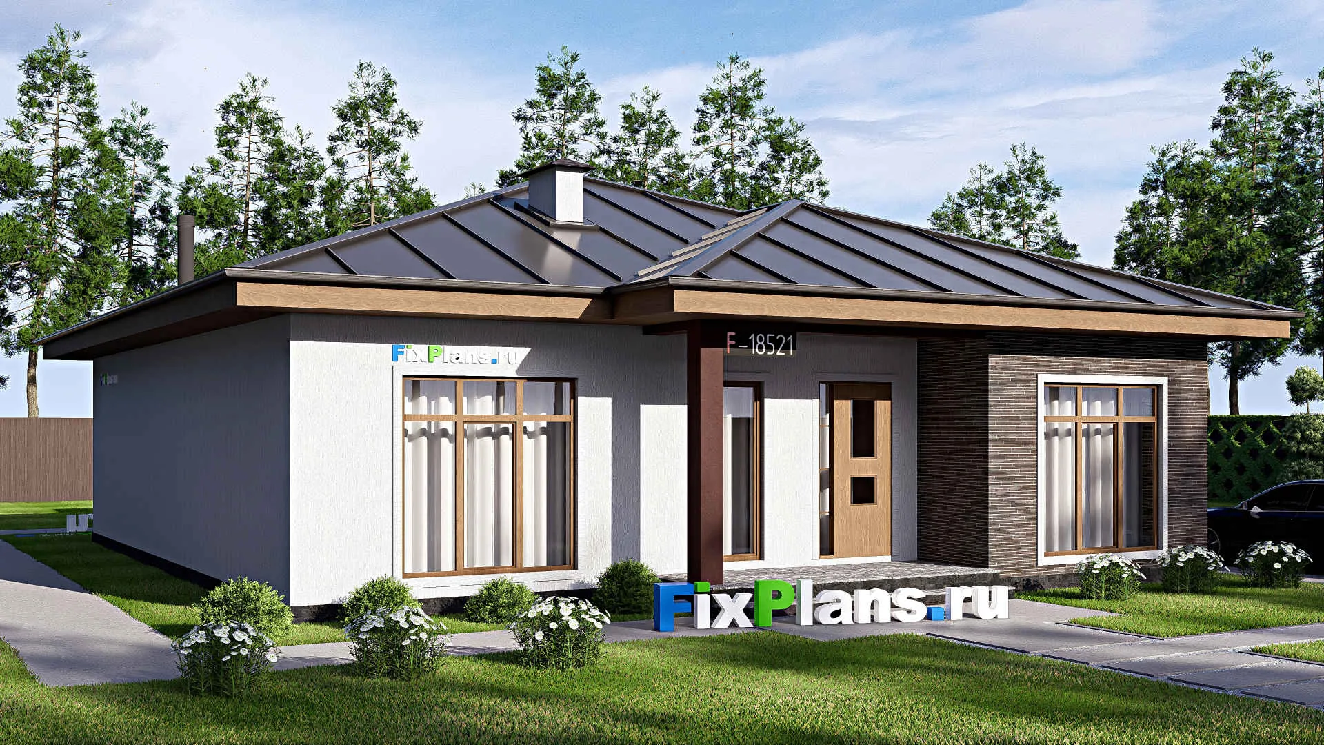 F-18521 - Проект одноэтажного дома 13 на 17, площадью 160 м² с террасой и 3 спальнями