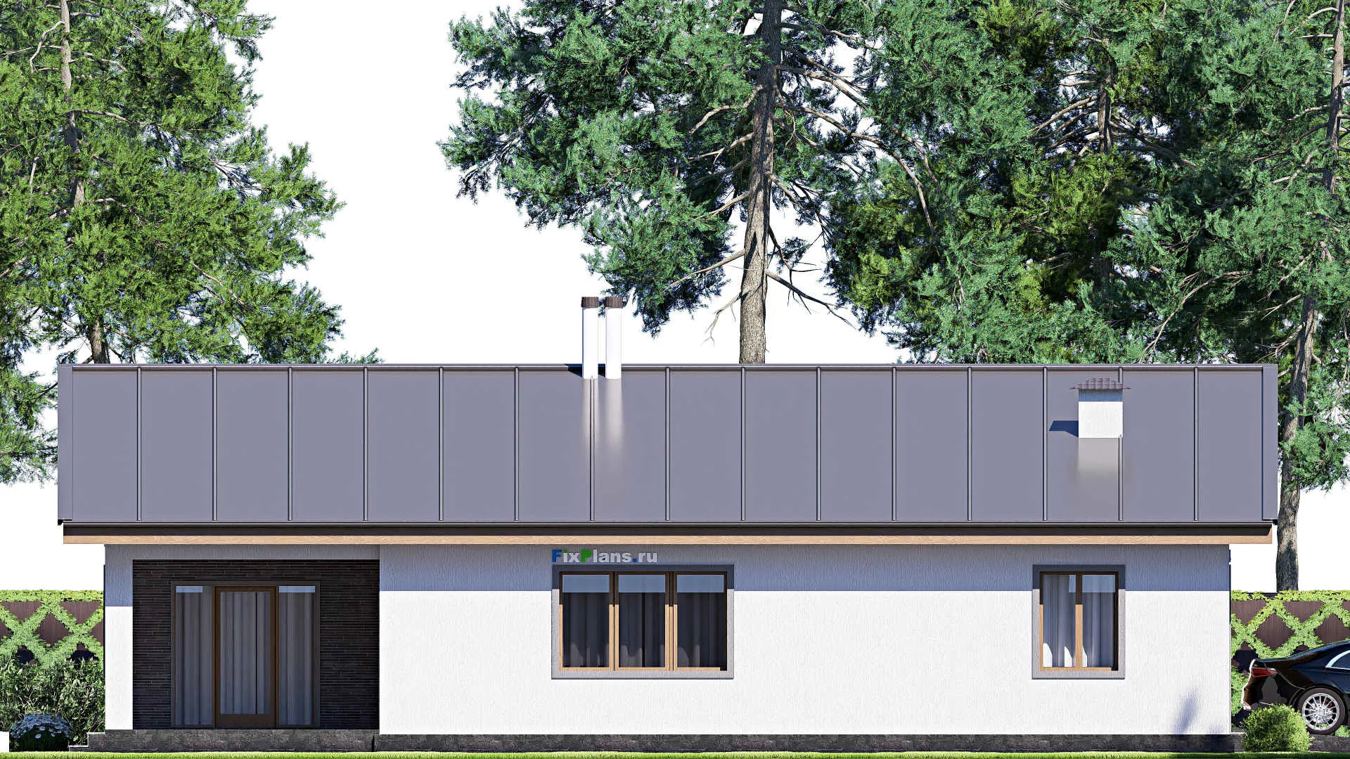 F-19970 - Проект одноэтажного дома 13 на 17, площадью 170 м² с террасой, гаражом на 1 машину и 3 спальнями