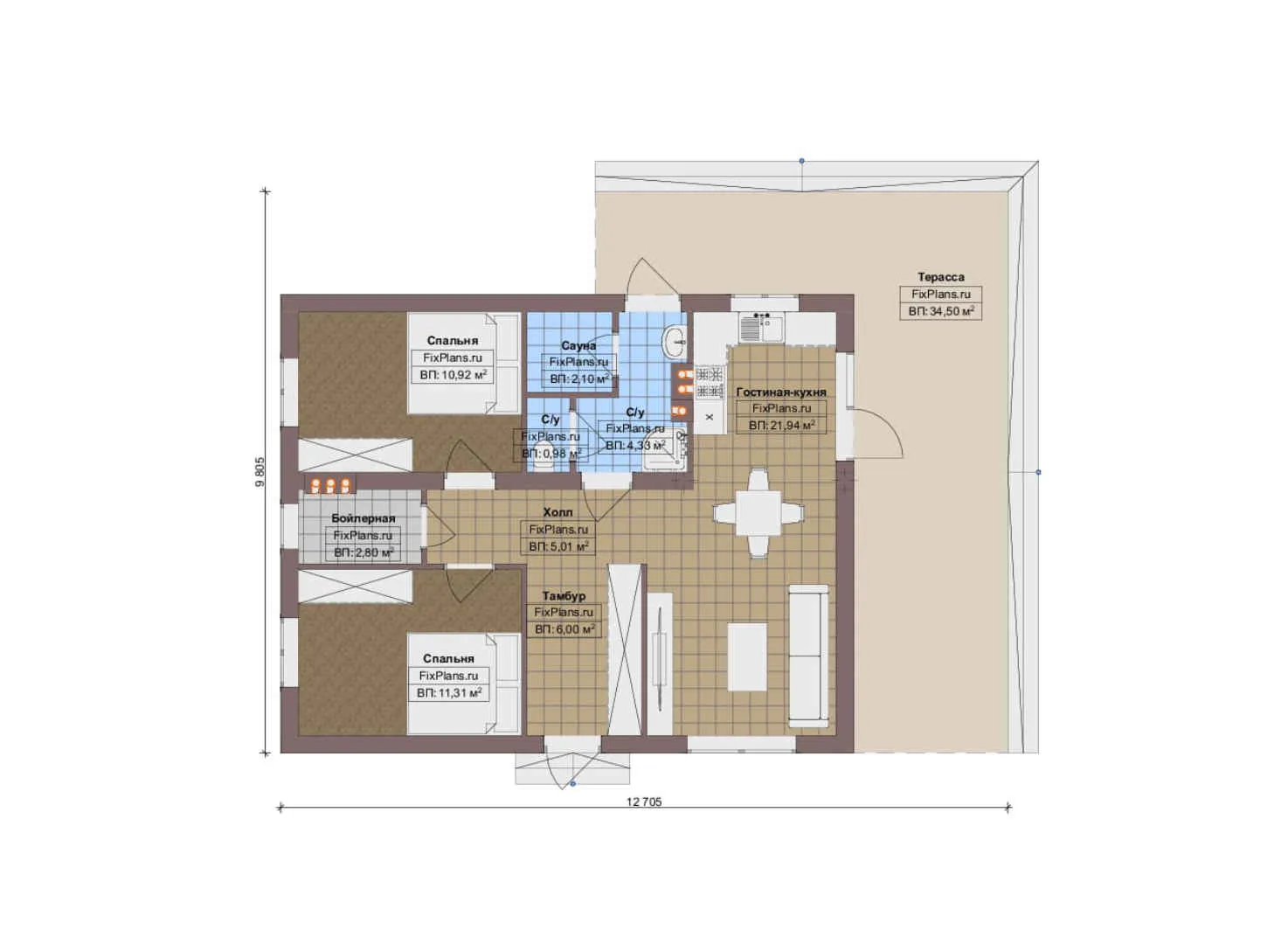 F-14732 - План одноэтажного дома 10 на 13, площадью 100 м² с террасой, баней и 2 спальнями