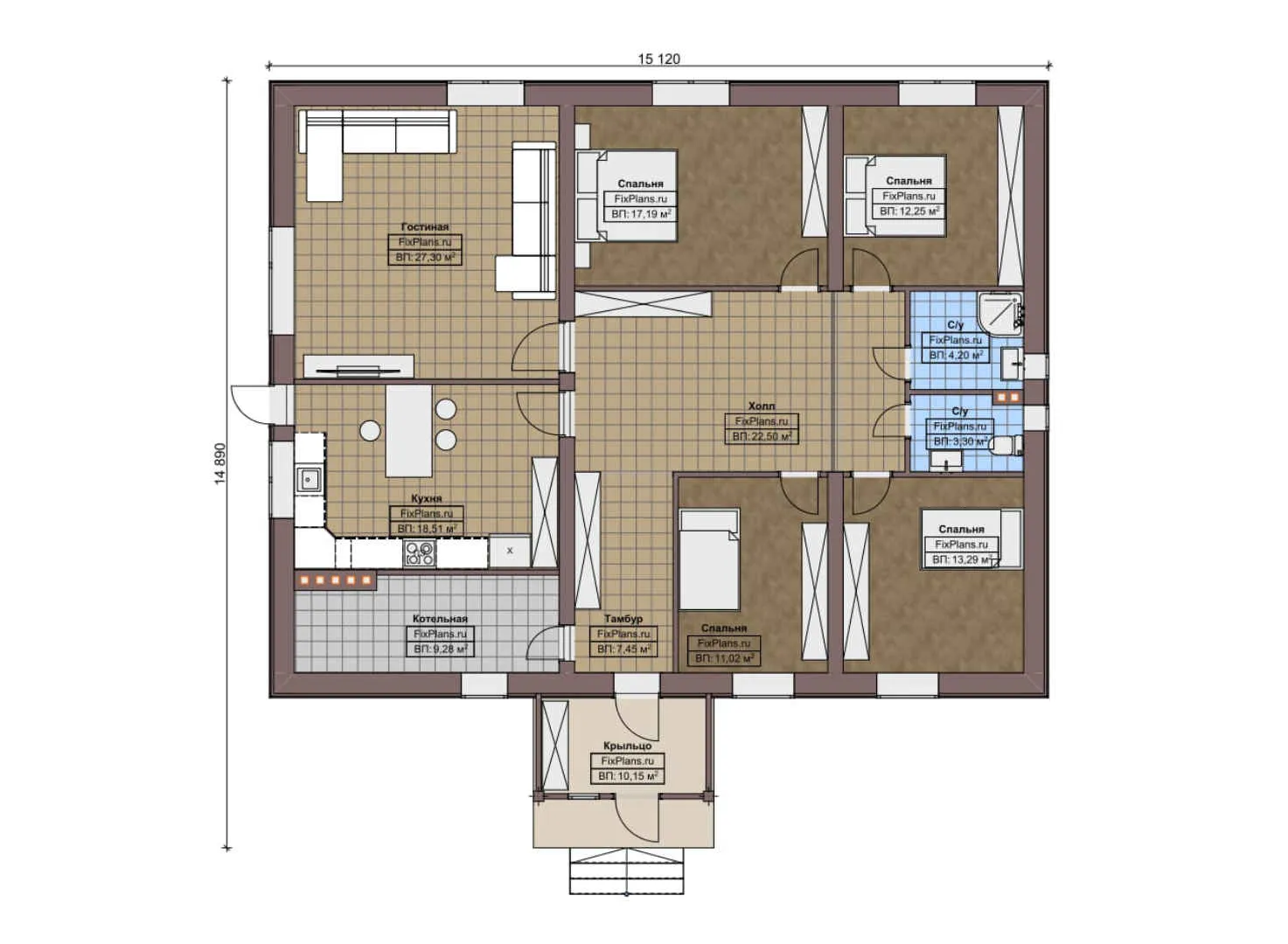 F-5903 - План одноэтажного дома 15 на 16, площадью 160 м² с 4 спальнями