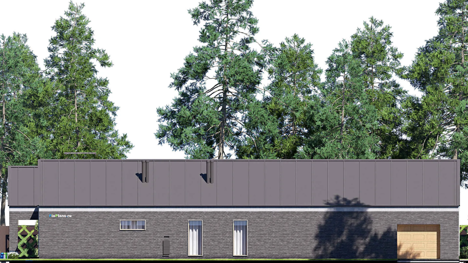 F-20582 - План одноэтажного дома 23 на 32, площадью 410 м² с террасой, гаражом на 2 машины и 3 спальнями