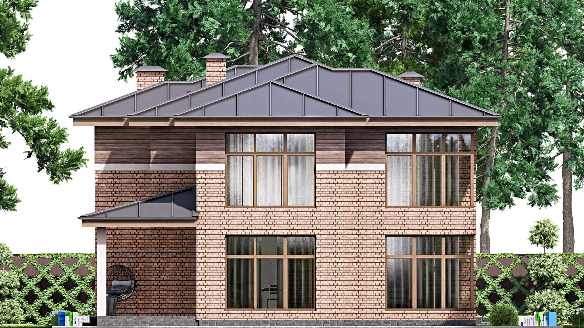 F-16991 - Проект двухэтажного дома 13 на 24, площадью 300 м² с террасой, гаражом на 2 машины и 3 спальнями