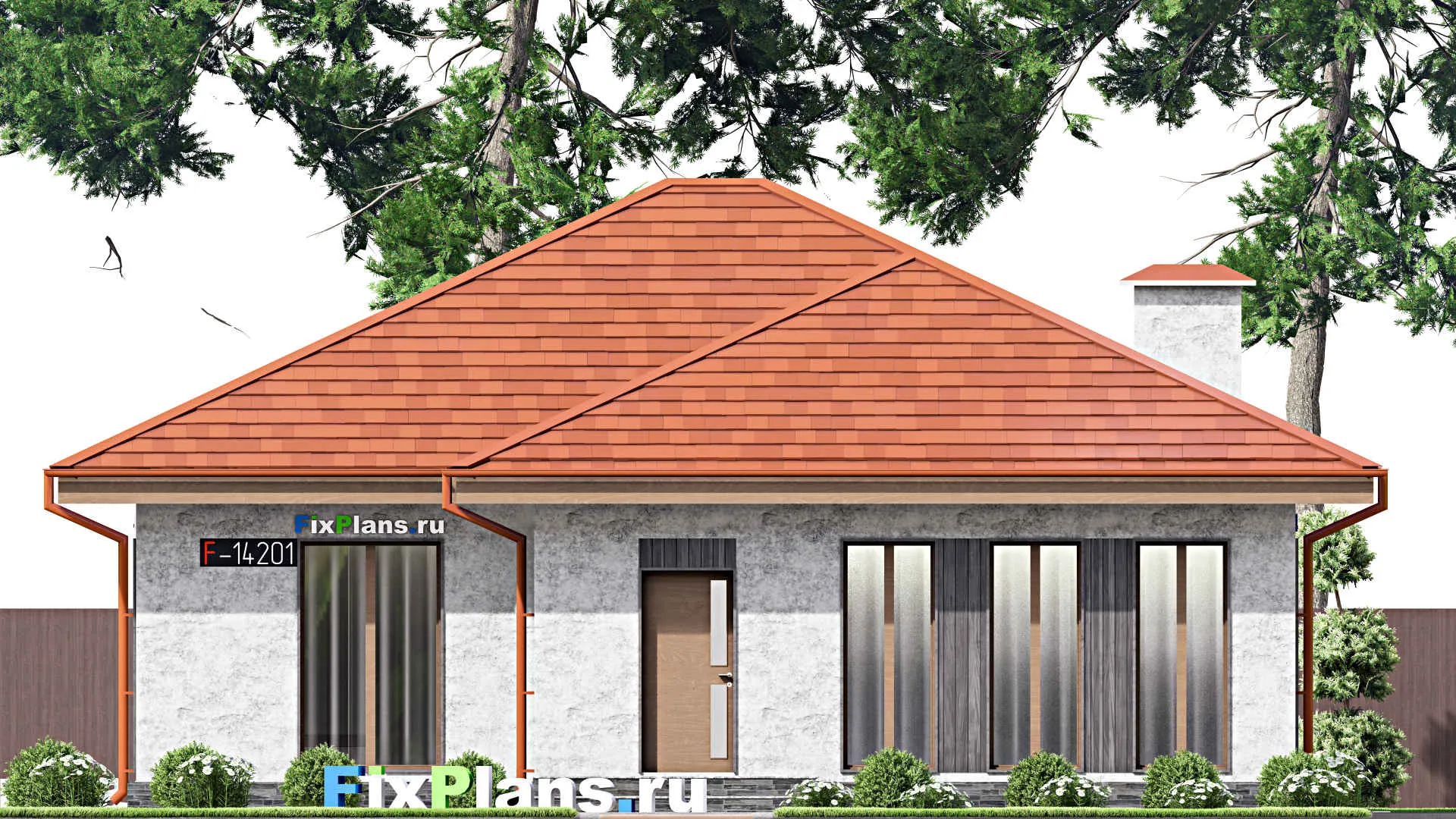 F-14201 - Проект одноэтажного дома 12 на 16, площадью 130 м² с террасой и 3 спальнями