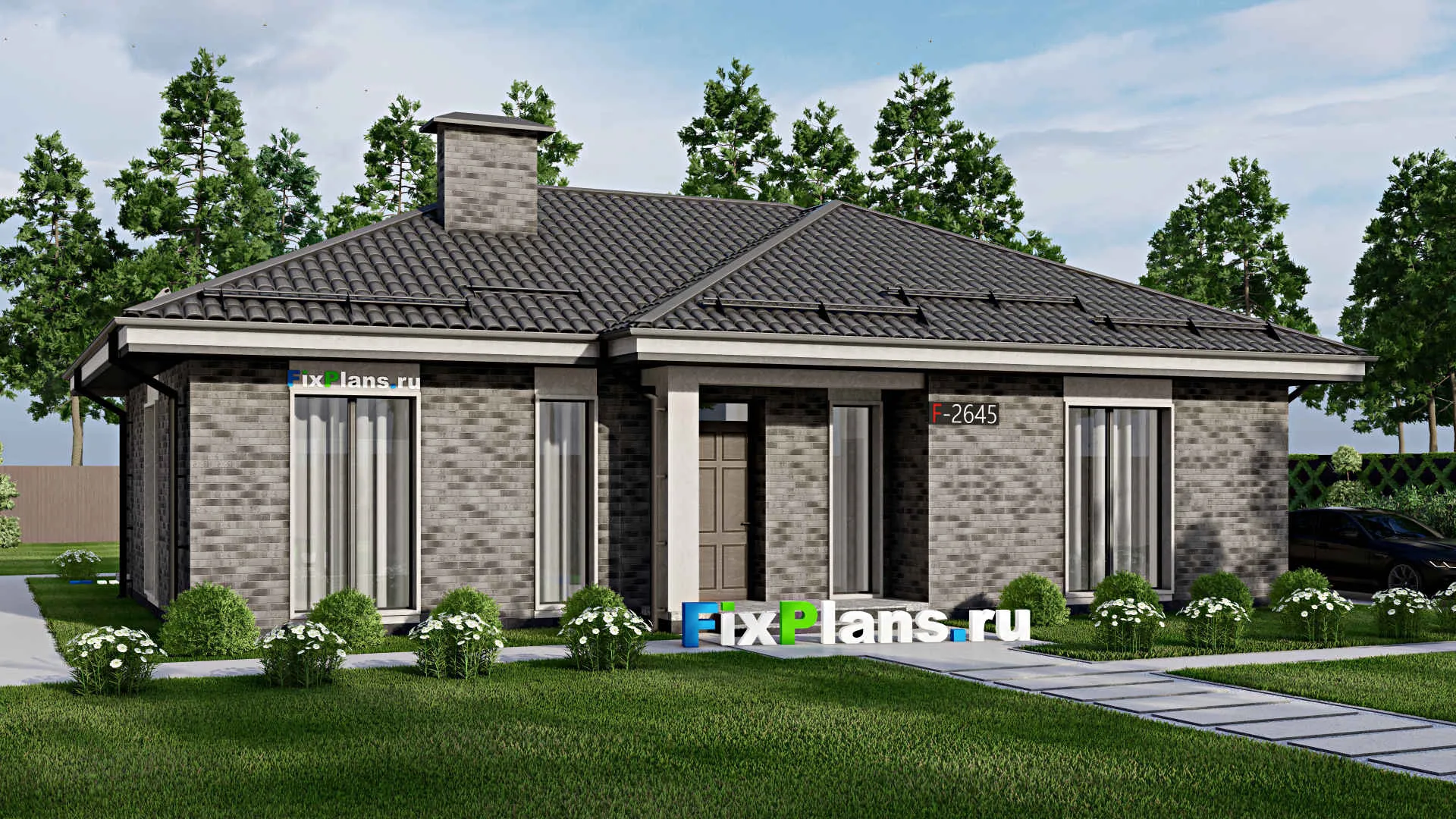 F-2645 - Проект одноэтажного дома 11 на 15, площадью 130 м² с террасой и 3 спальнями