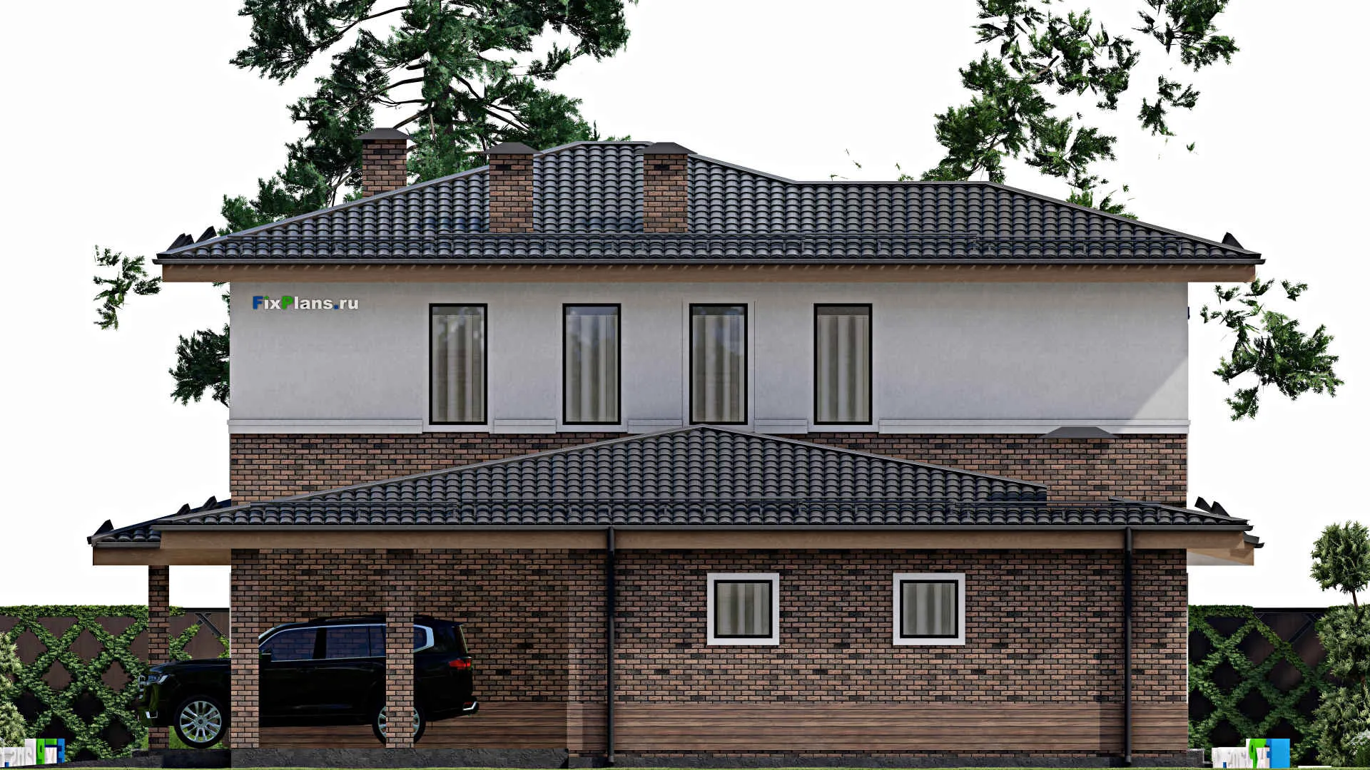 F-10205 - Проект двухэтажного дома 16 на 18, площадью 250 м² с террасой, баней, гаражом на 2 машины и 4 спальнями