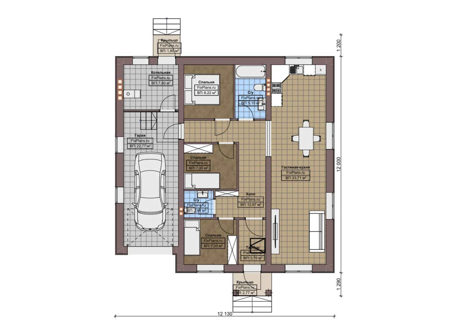 F-5480 - План одноэтажного дома 12 на 13, площадью 120 м² с гаражом на 1 машину и 3 спальнями