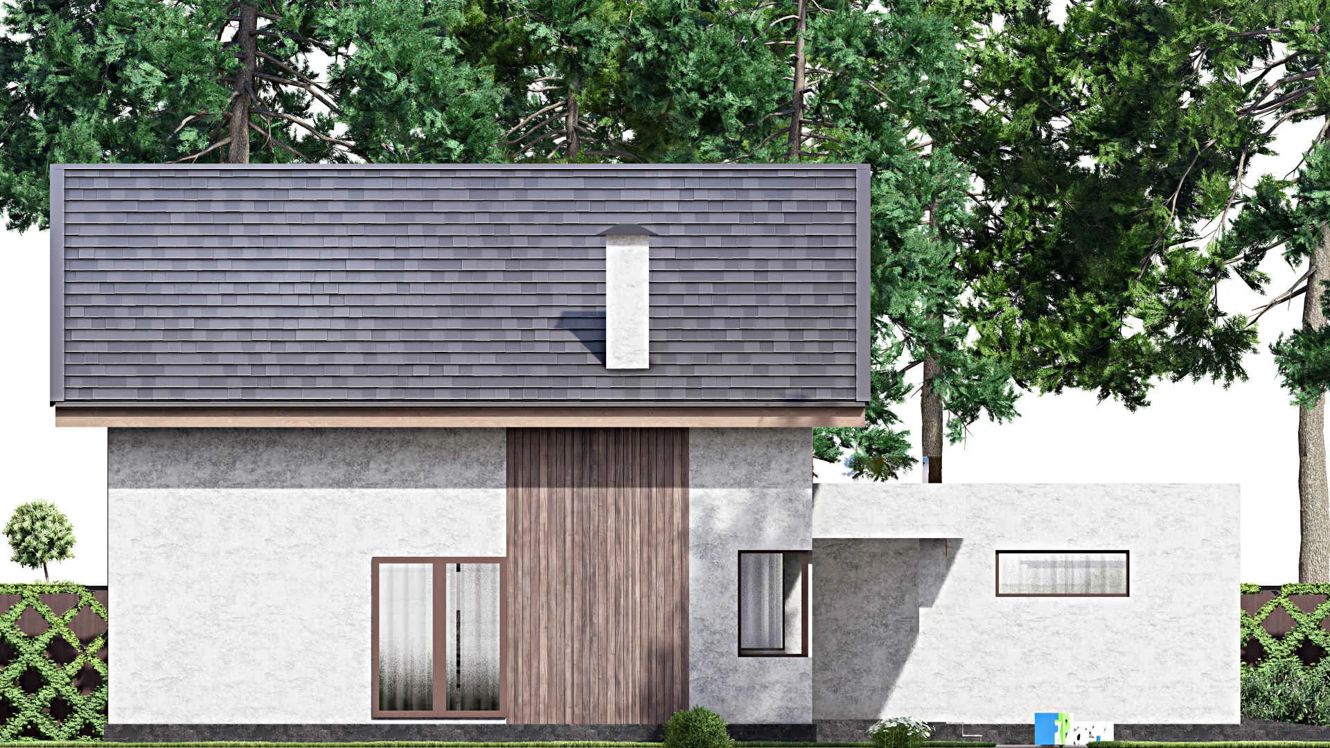 F-13256 - Проект дома с мансардой 11 на 17, площадью 240 м² с террасой, гаражом на 1 машину и 4 спальнями