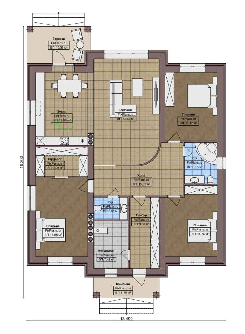 F-8342 - План одноэтажного дома 14 на 19, площадью 170 м² с террасой и 3 спальнями