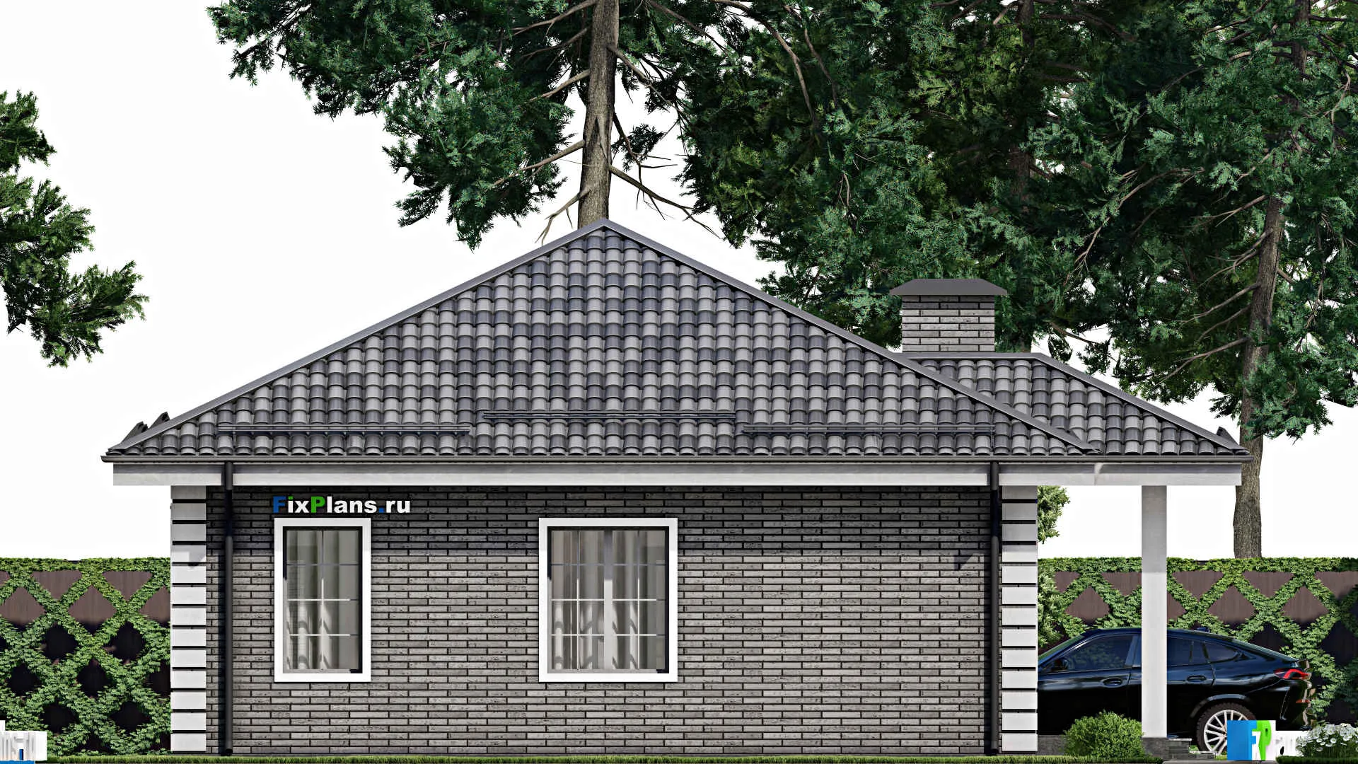 F-7739 - Проект одноэтажного дома 11 на 12, площадью 120 м² с террасой и 3 спальнями