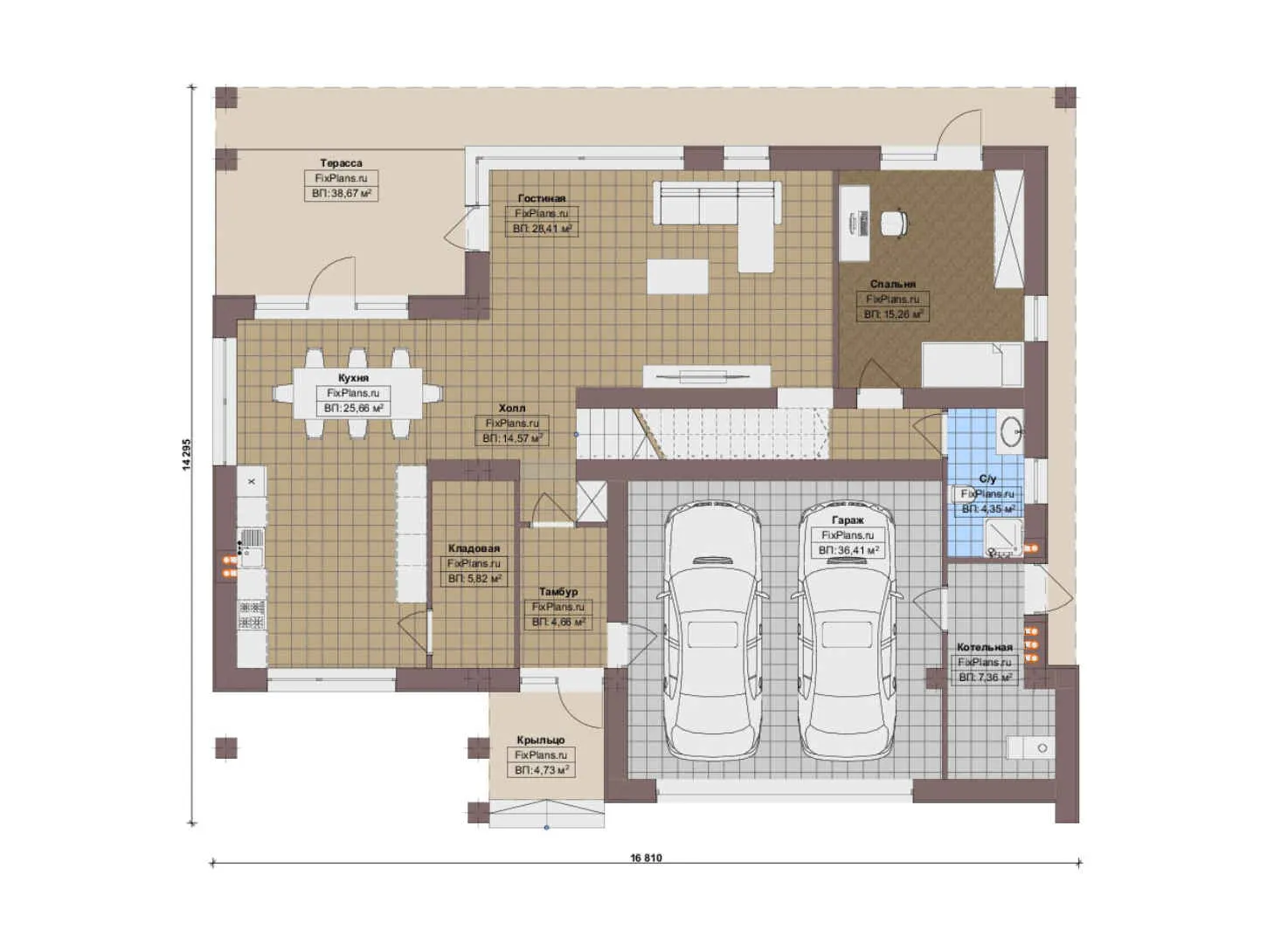 F-16604 - Планы двухэтажного дома 15 на 17, площадью 740 м² с террасой, балконом, гаражом на 2 машины и 5 спальнями