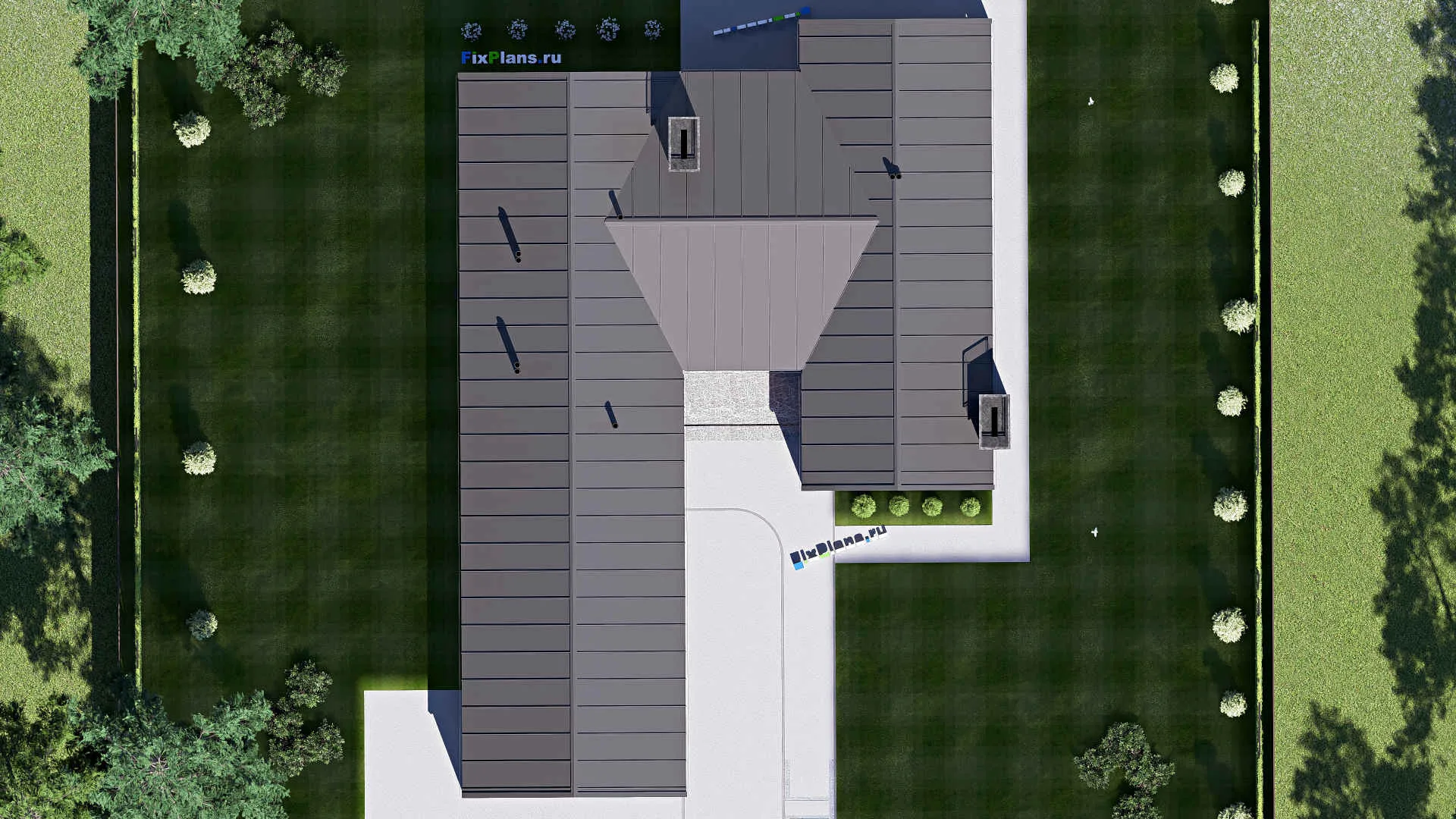 F-20582 - План одноэтажного дома 23 на 32, площадью 410 м² с террасой, гаражом на 2 машины и 3 спальнями