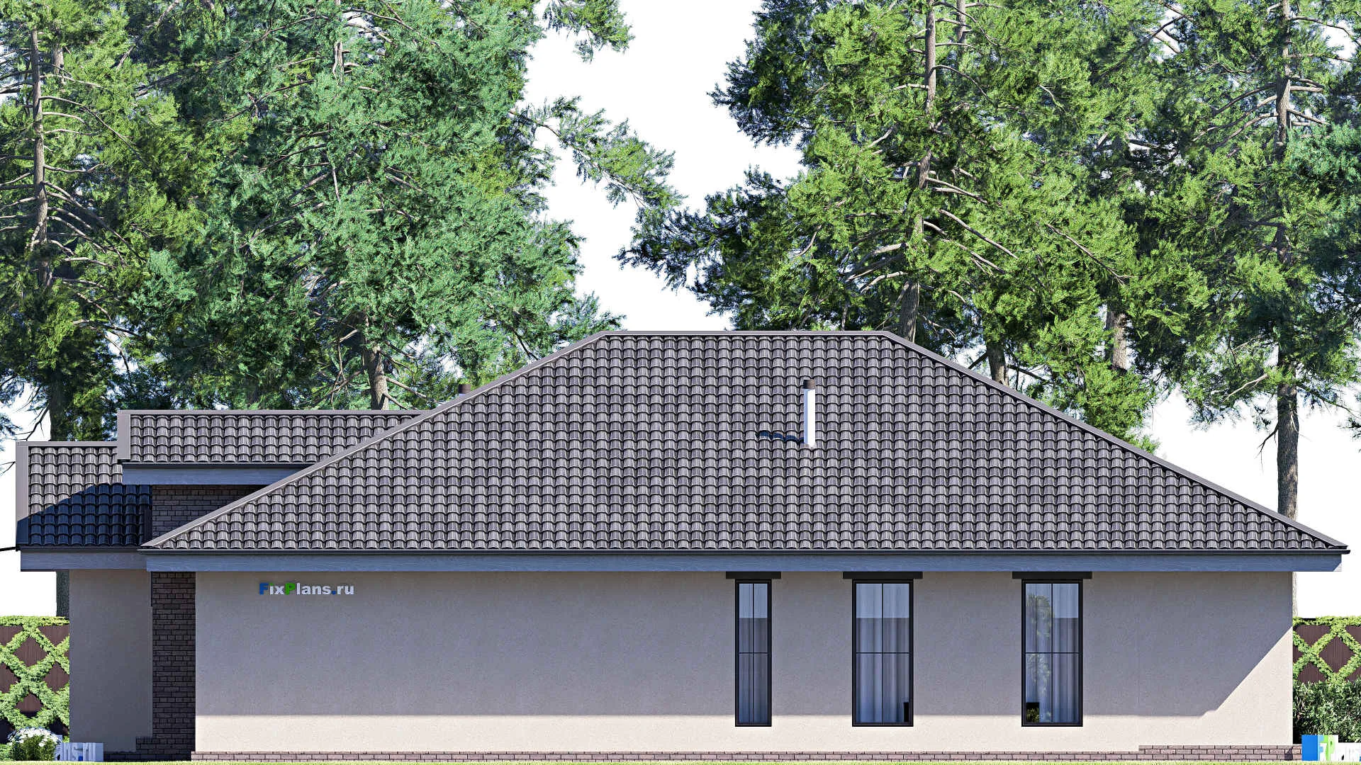 F-20438 - План одноэтажного дома 13 на 20, площадью 200 м² с террасой, гаражом на 1 машину и 3 спальнями