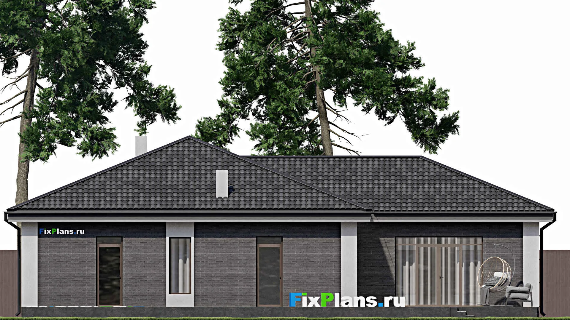 F-1853 - Проект одноэтажного дома 17 на 18, площадью 280 м² с террасой, гаражом на 2 машины и 3 спальнями