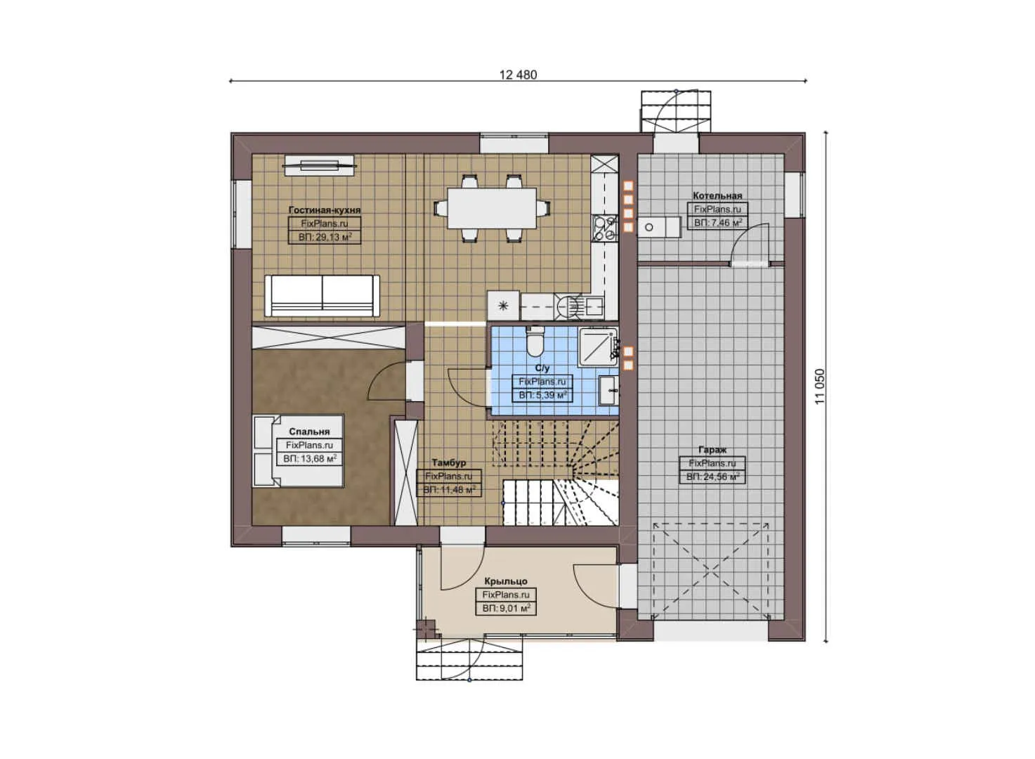 F-8117 - Планы дома с мансардой 12 на 13, площадью 160 м² с гаражом на 1 машину и 4 спальнями