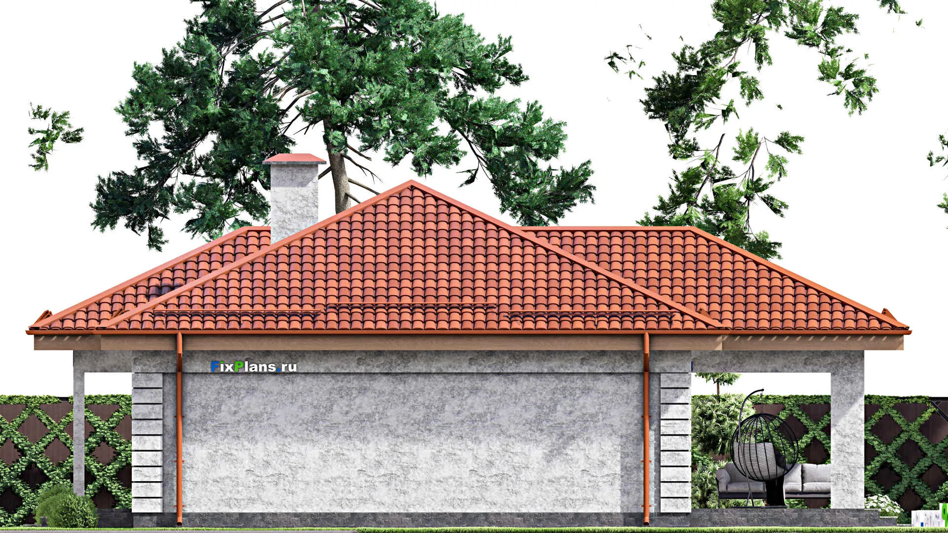 F-13904 - План одноэтажного дома 15 на 15, площадью 150 м² с террасой и 3 спальнями