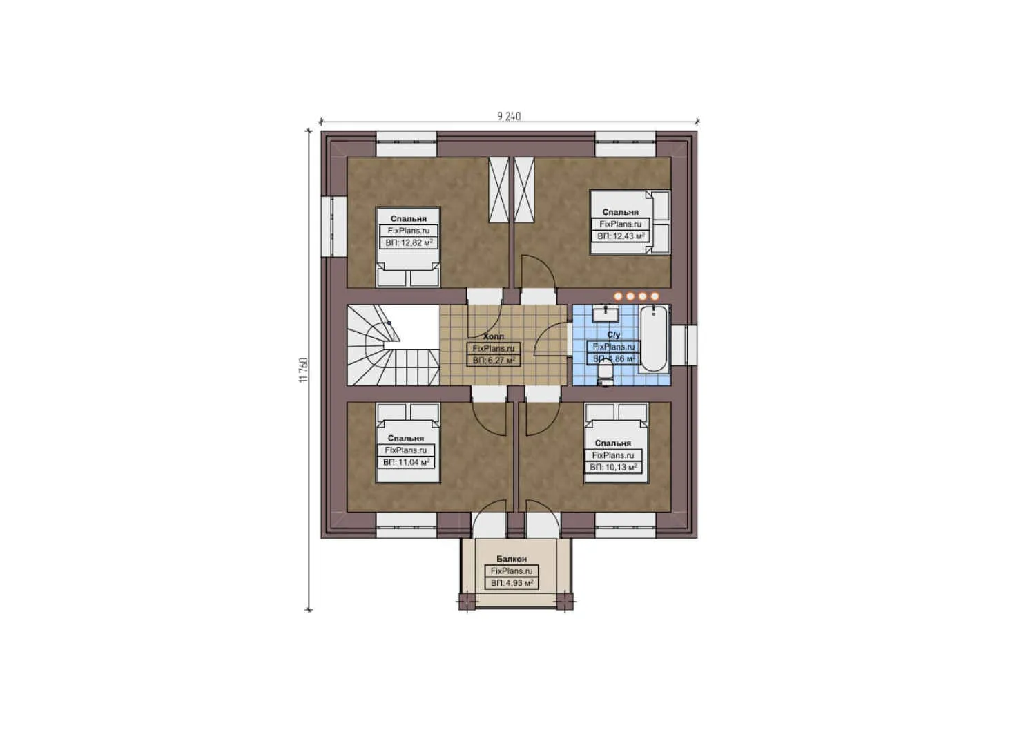 F-9152 - Планы двухэтажного дома 15 на 15, площадью 200 м² с террасой, балконом, гаражом на 1 машину и 6 спальнями