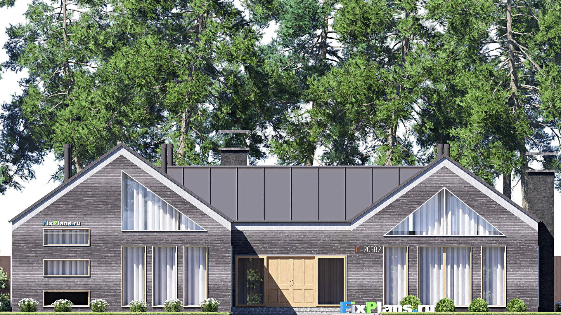 F-20582 - План одноэтажного дома 23 на 32, площадью 410 м² с террасой, гаражом на 2 машины и 3 спальнями