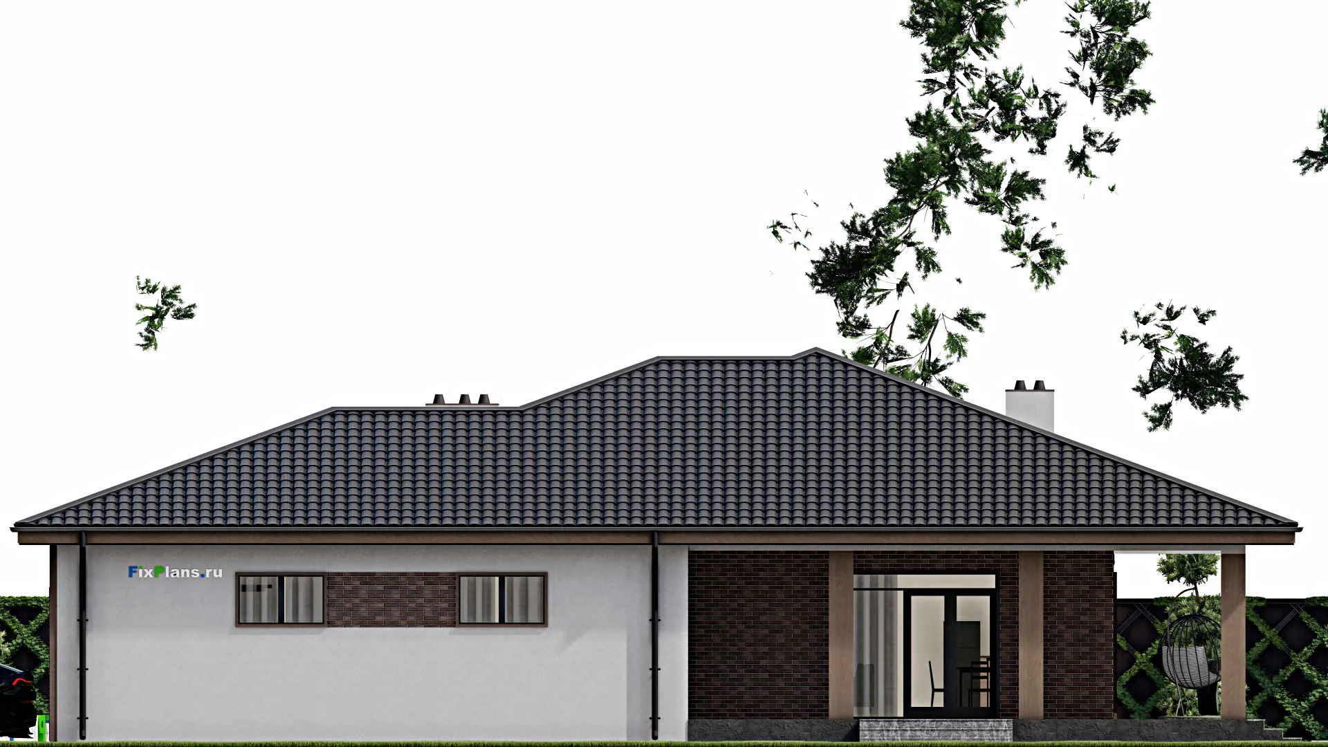 F-4553 - Проект одноэтажного дома 18 на 22, площадью 310 м² с террасой, гаражом на 2 машины и 3 спальнями