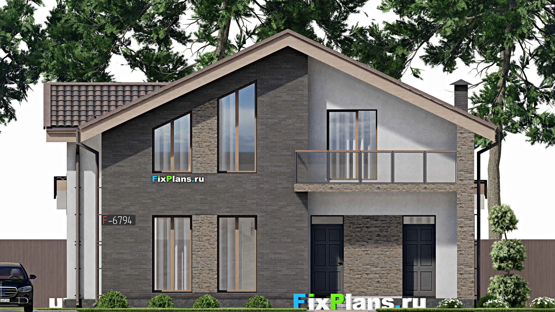 F-6794 - Проект дома с мансардой 13 на 13, площадью 200 м² с террасой, балконом и 4 спальнями