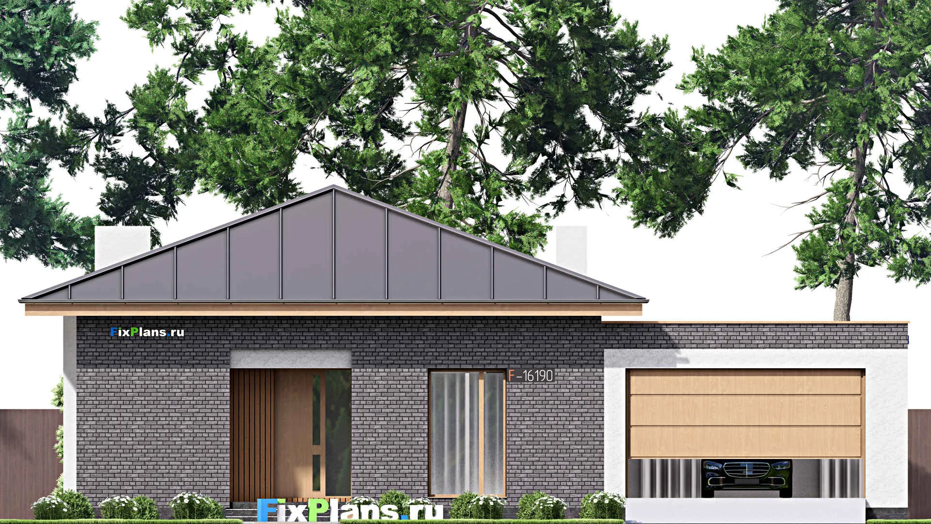 F-16190 - План одноэтажного дома 18 на 18, площадью 220 м² с террасой, гаражом на 2 машины и 3 спальнями