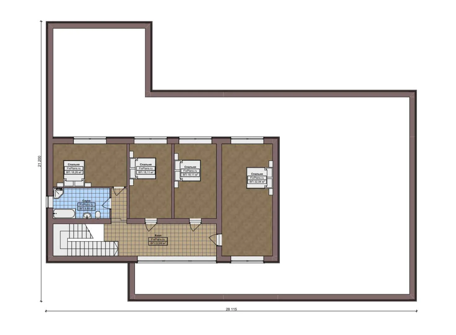 F-9296 - Планы двухэтажного дома 22 на 29, площадью 510 м² с террасой, баней, гаражом на 2 машины и 5 спальнями