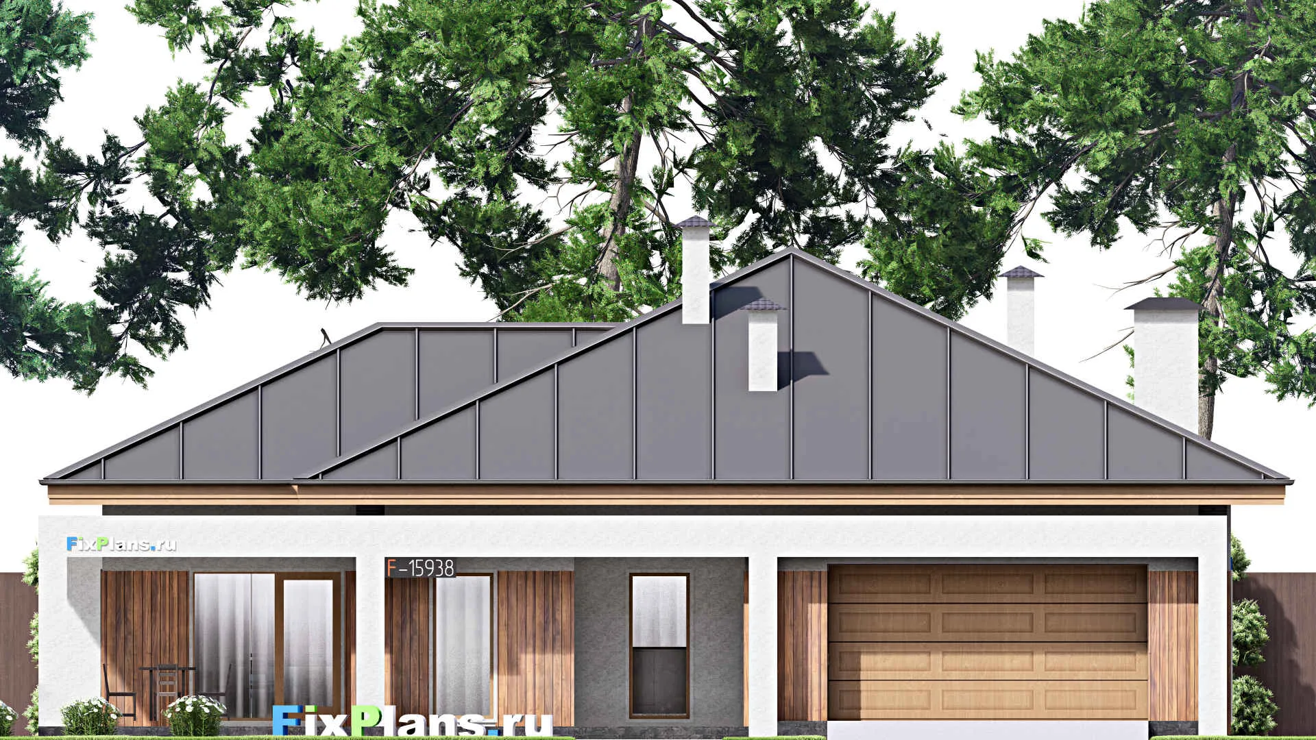 F-15938 - Проект одноэтажного дома 17 на 17, площадью 240 м² с террасой, гаражом на 2 машины и 3 спальнями