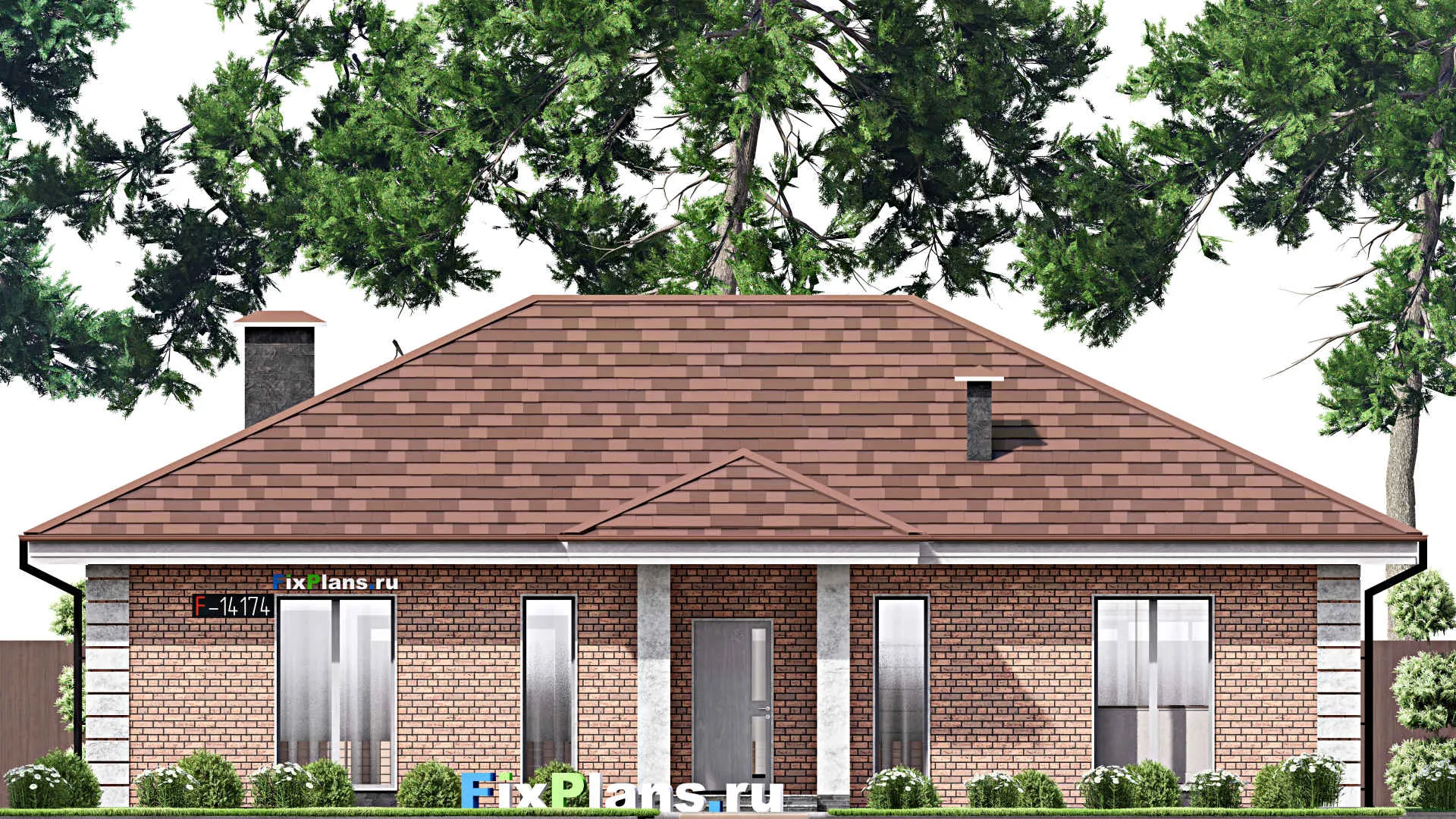 F-14174 - План одноэтажного дома 15 на 16, площадью 150 м² с террасой и 3 спальнями