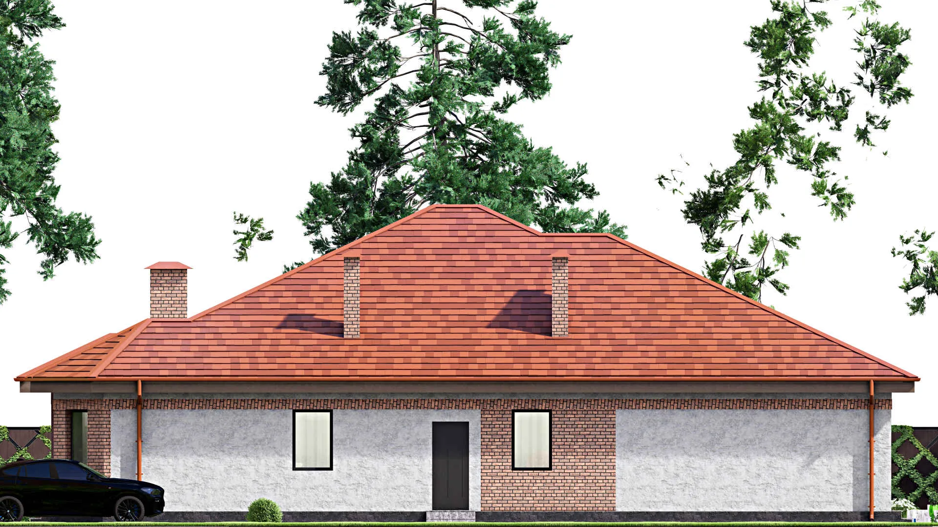 F-15425 - Проект одноэтажного дома 17 на 21, площадью 280 м² с террасой, баней, бассейном и 2 спальнями