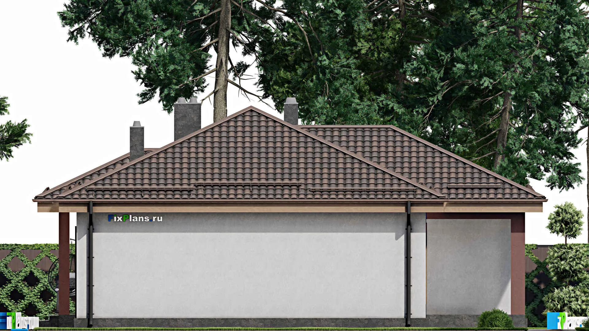 F-7469 - Проект одноэтажного дома 14 на 16, площадью 140 м² с террасой, гаражом на 1 машину и 3 спальнями