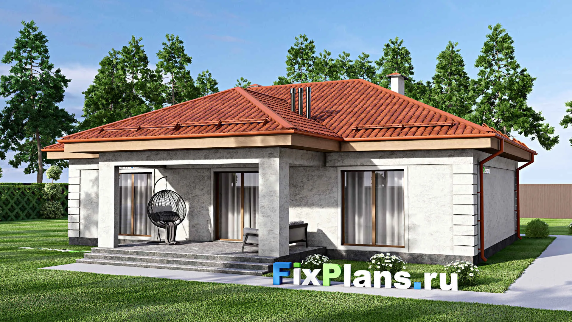 F-13904 - План одноэтажного дома 15 на 15, площадью 150 м² с террасой и 3 спальнями