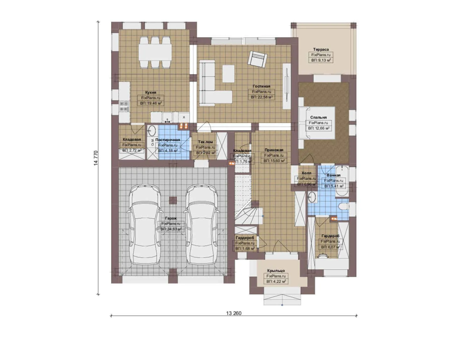 F-20411 - Планы дома с мансардой 14 на 15, площадью 240 м² с террасой, балконом, гаражом на 1 машину и 5 спальнями