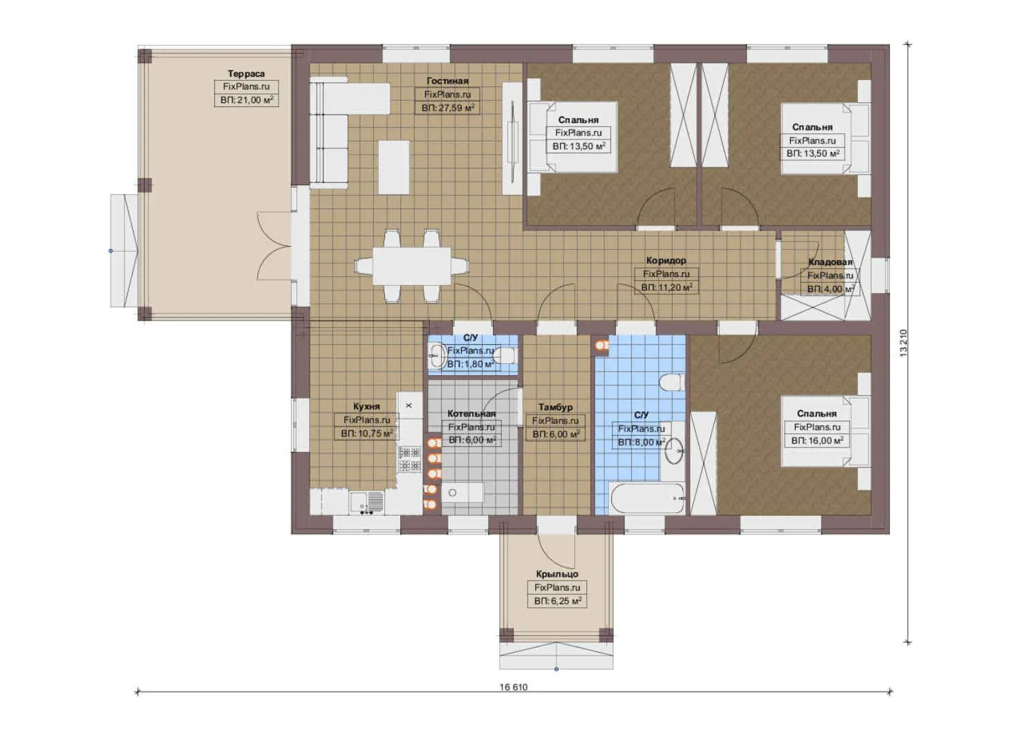 F-18539 - План одноэтажного дома 14 на 17, площадью 150 м² с террасой и 3 спальнями
