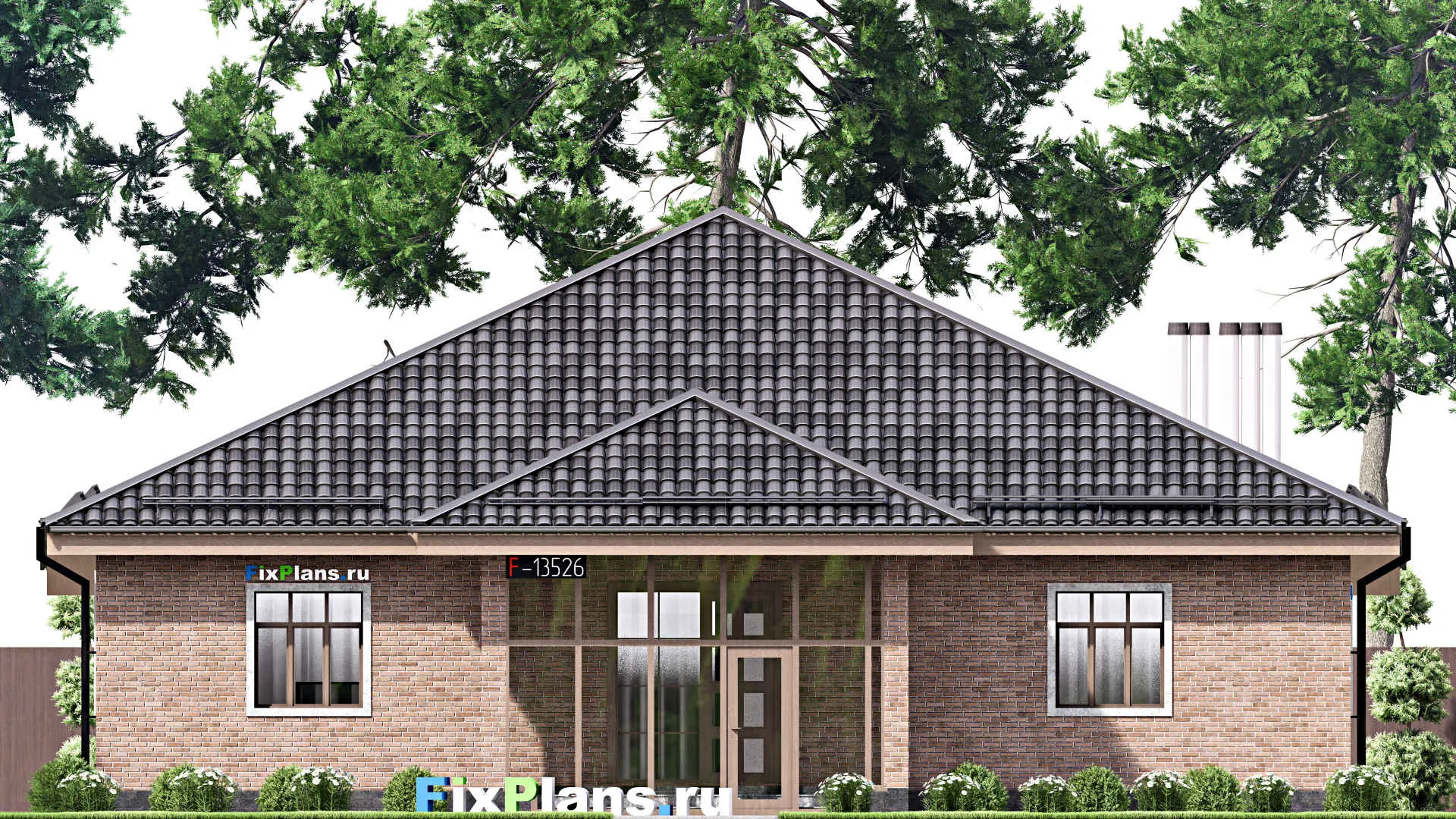 F-13526 - План одноэтажного дома 16 на 21, площадью 250 м² с террасой и 4 спальнями