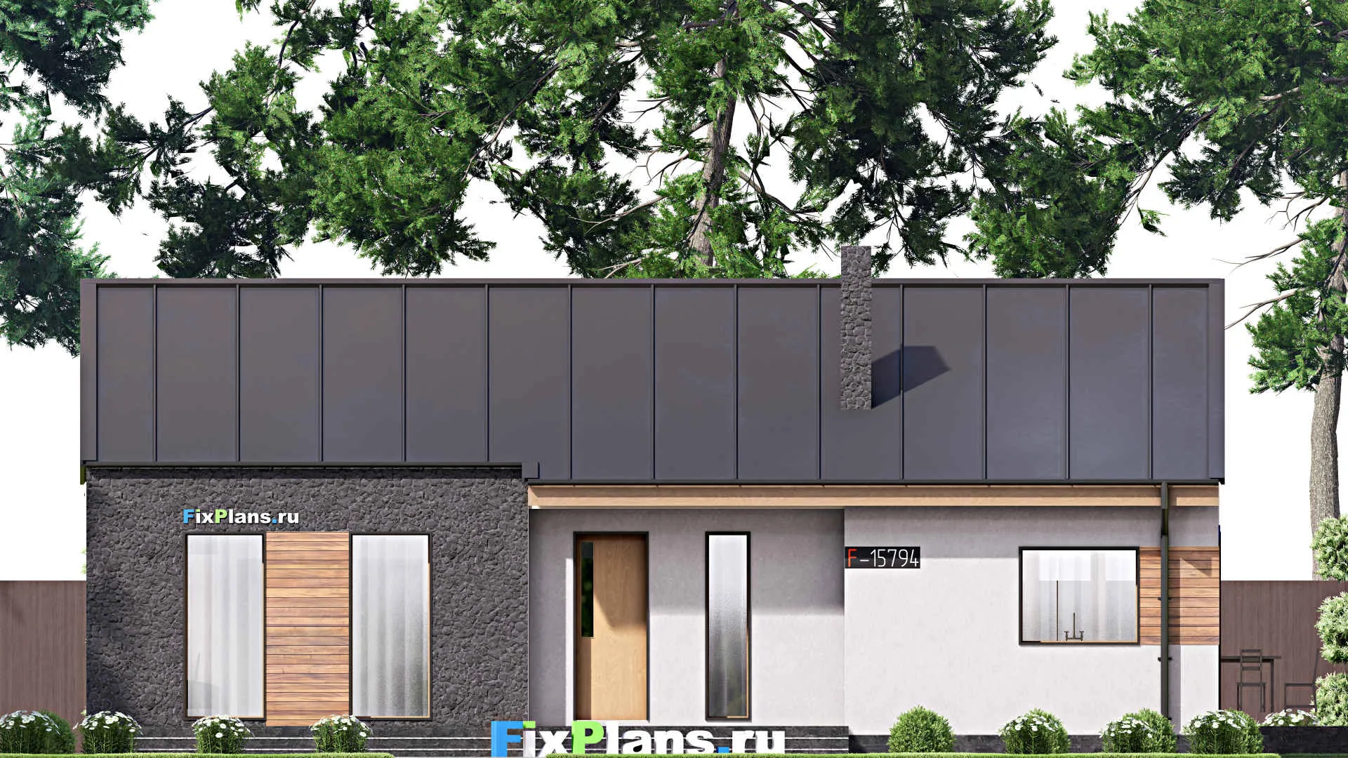 F-15794 - Проект одноэтажного дома 15 на 18, площадью 210 м² с террасой и 3 спальнями