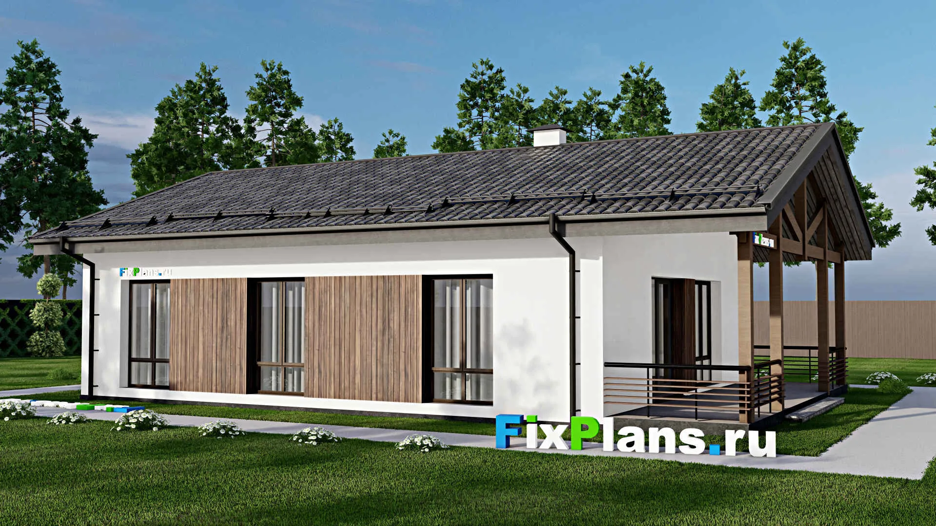 F-9620 - Проект одноэтажного дома 11 на 16, площадью 130 м² с террасой и 3 спальнями