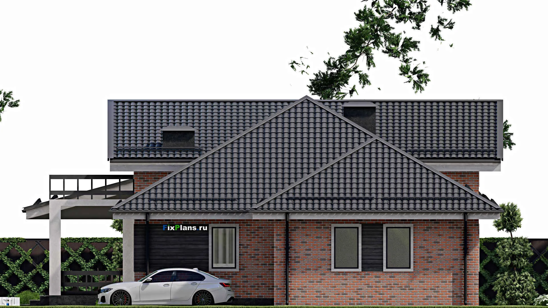 F-3779 - Проект дома с мансардой 15 на 26, площадью 400 м² с террасой, балконом, баней, гаражом на 1 машину и 3 спальнями