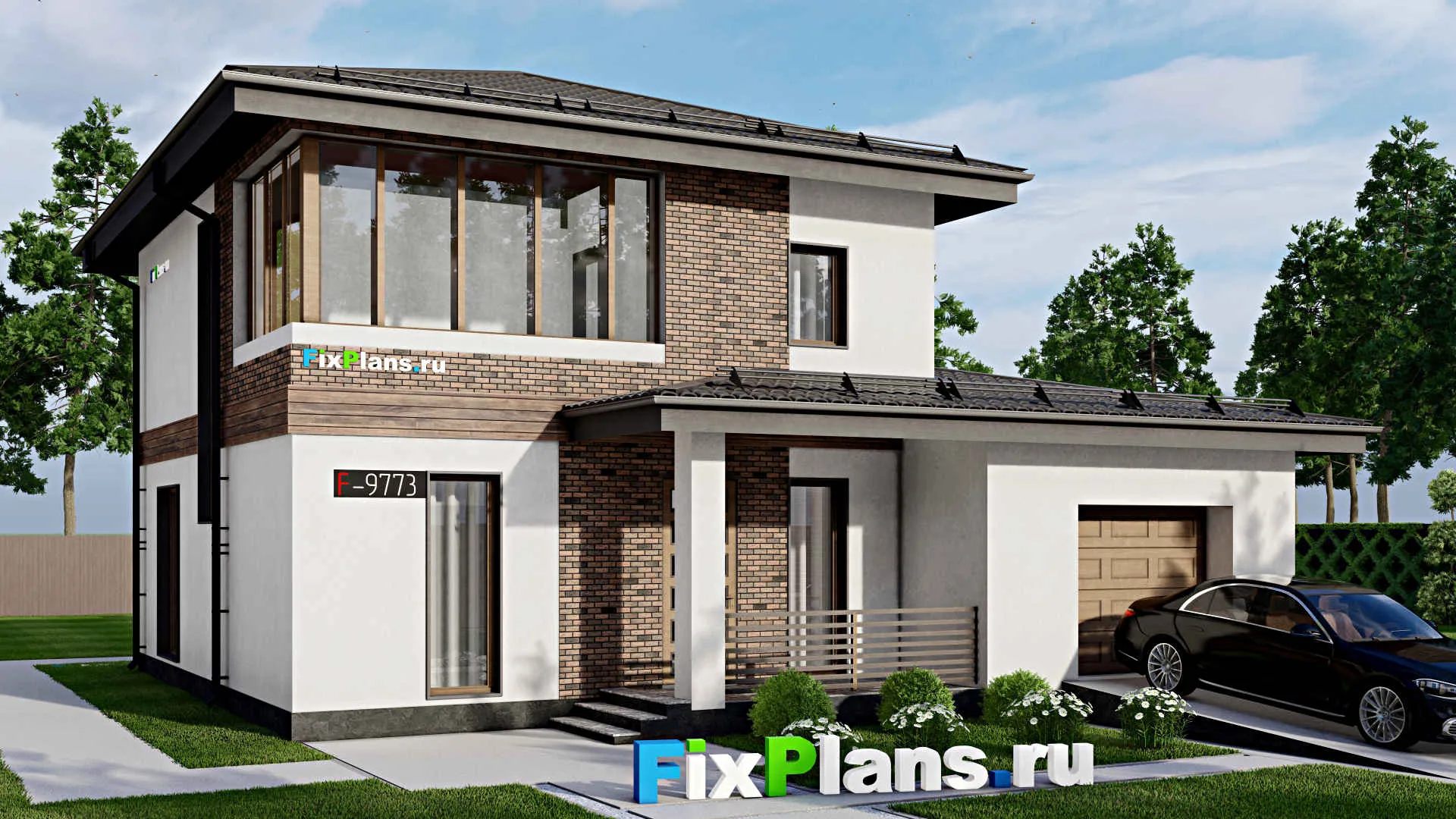 F-9773 - Проект двухэтажного дома 12 на 13, площадью 170 м² с гаражом на 1 машину и 2 спальнями
