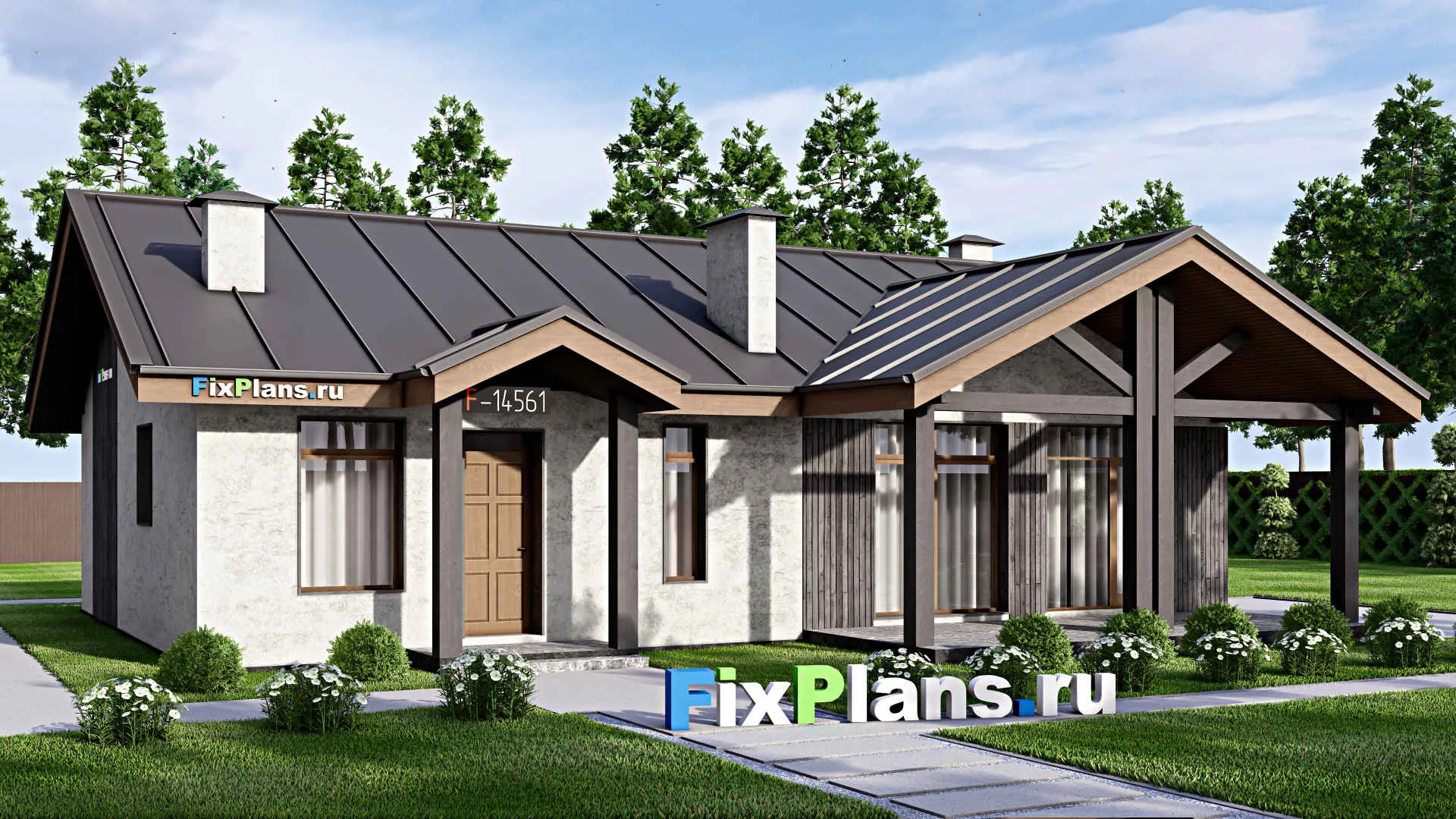 F-14561 - Проект одноэтажного дома 13 на 15, площадью 140 м² с террасой и 3 спальнями