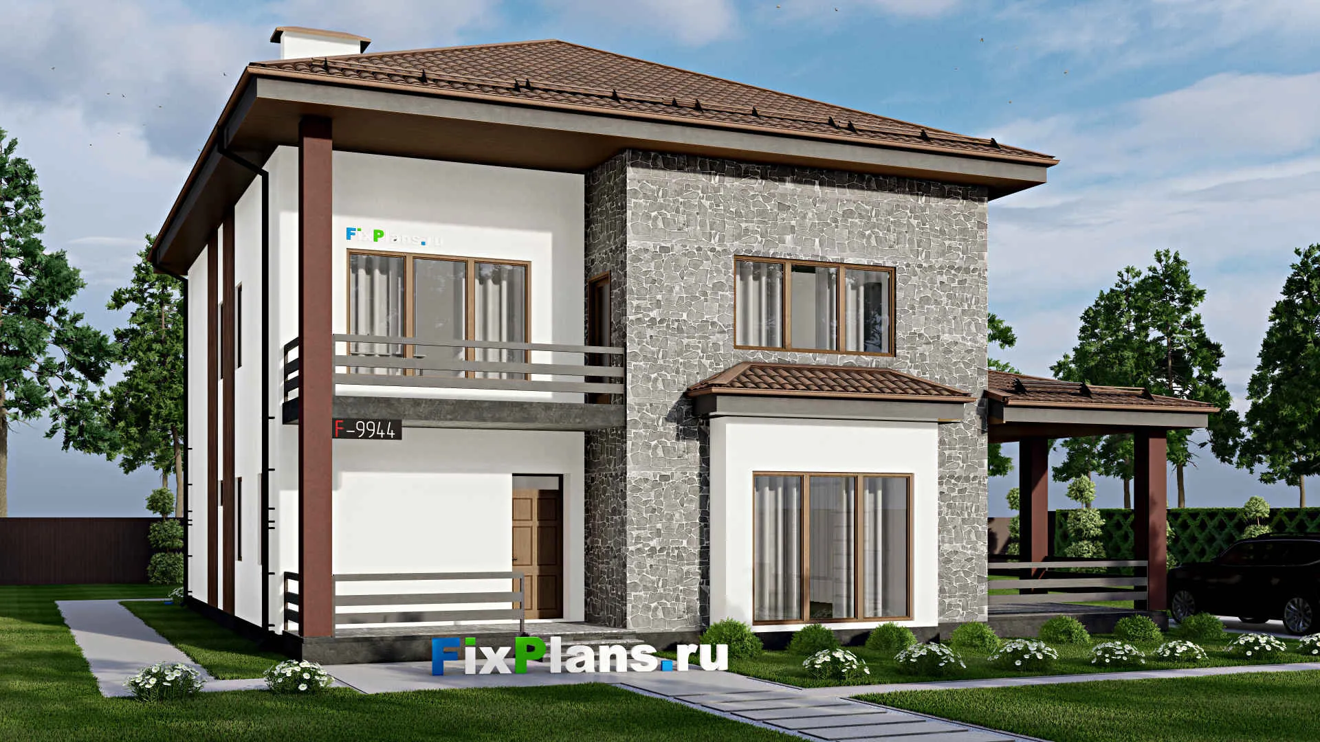 F-9944 - Проект двухэтажного дома 16 на 16, площадью 470 м² с террасой, балконом и 4 спальнями