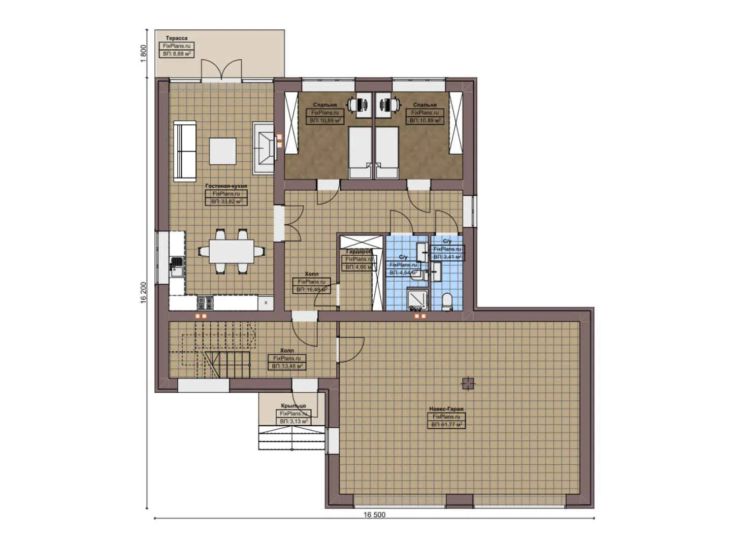 F-4967 - Планы двухэтажного дома 17 на 17, площадью 290 м² с террасой, балконом, гаражом на 2 машины и 7 спальнями